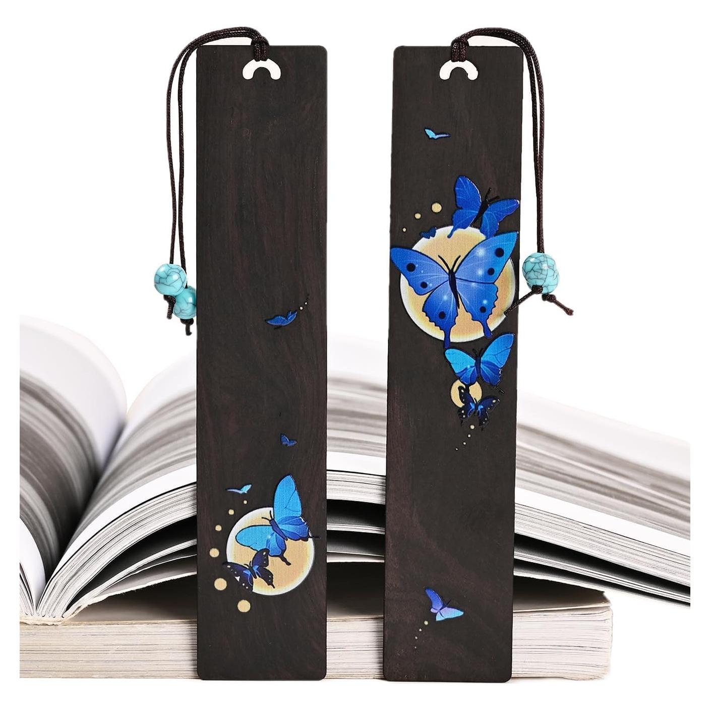 Marcadores de Mariposa Azul ZQZYMXQ - 2 Pcs de Madera Natural