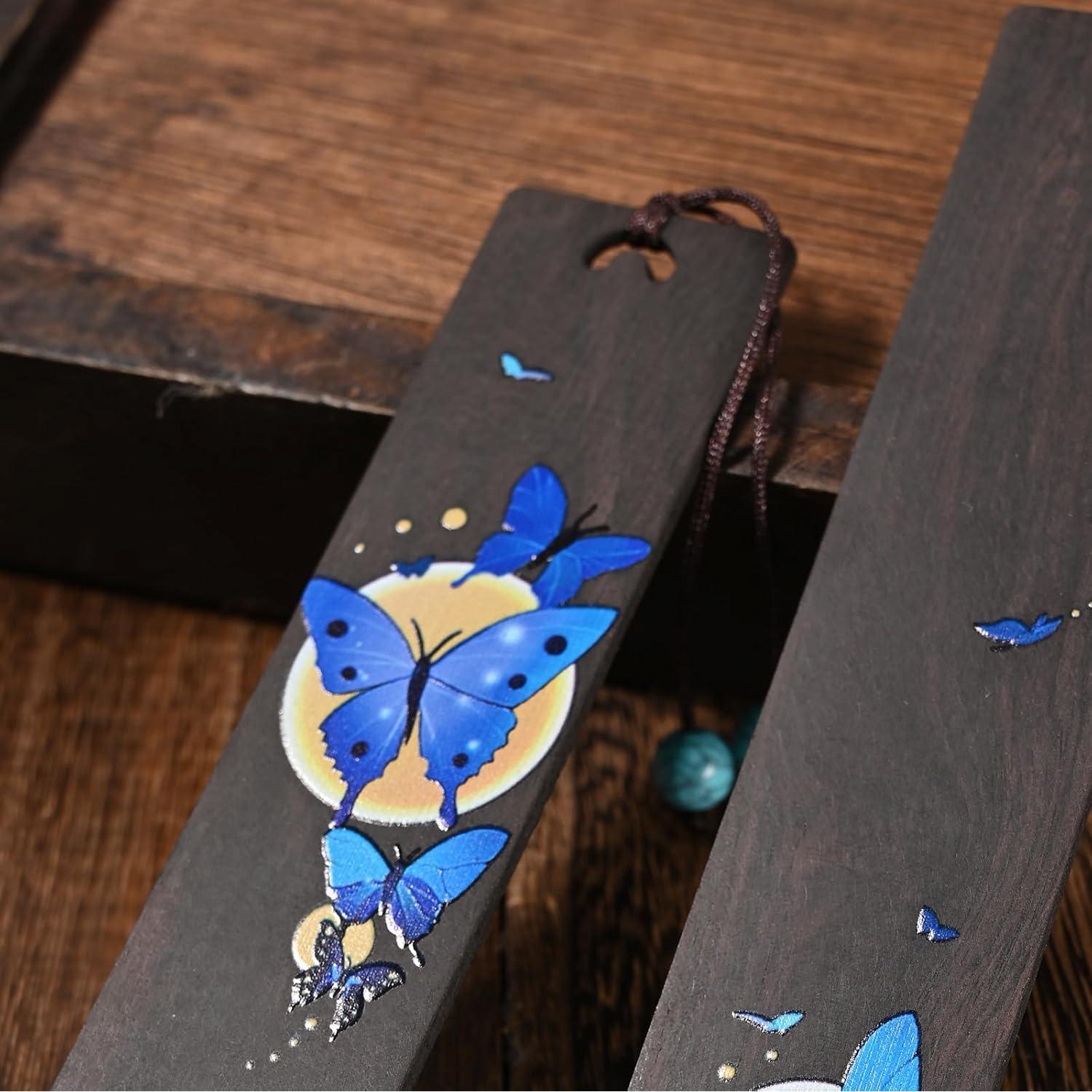 Marcadores de Mariposa Azul ZQZYMXQ - 2 Pcs de Madera Natural