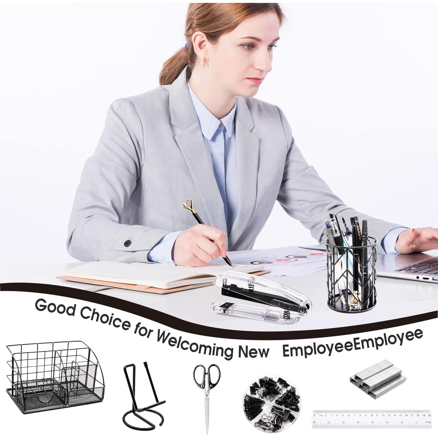 Set de Suministros de Oficina KAAKOW Negro - Organizador, Grapadora y Más