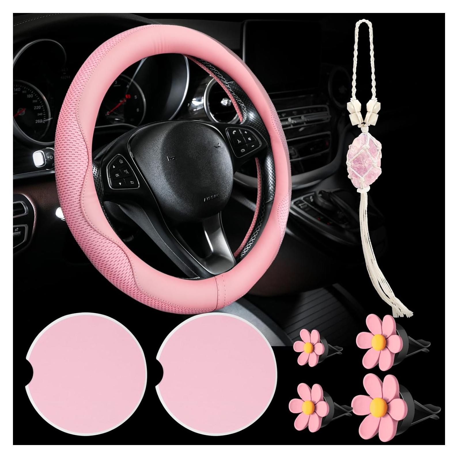 Juego de Accesorios para Auto BBTO Rosa: Funda de Volante, Posavasos y Adorno