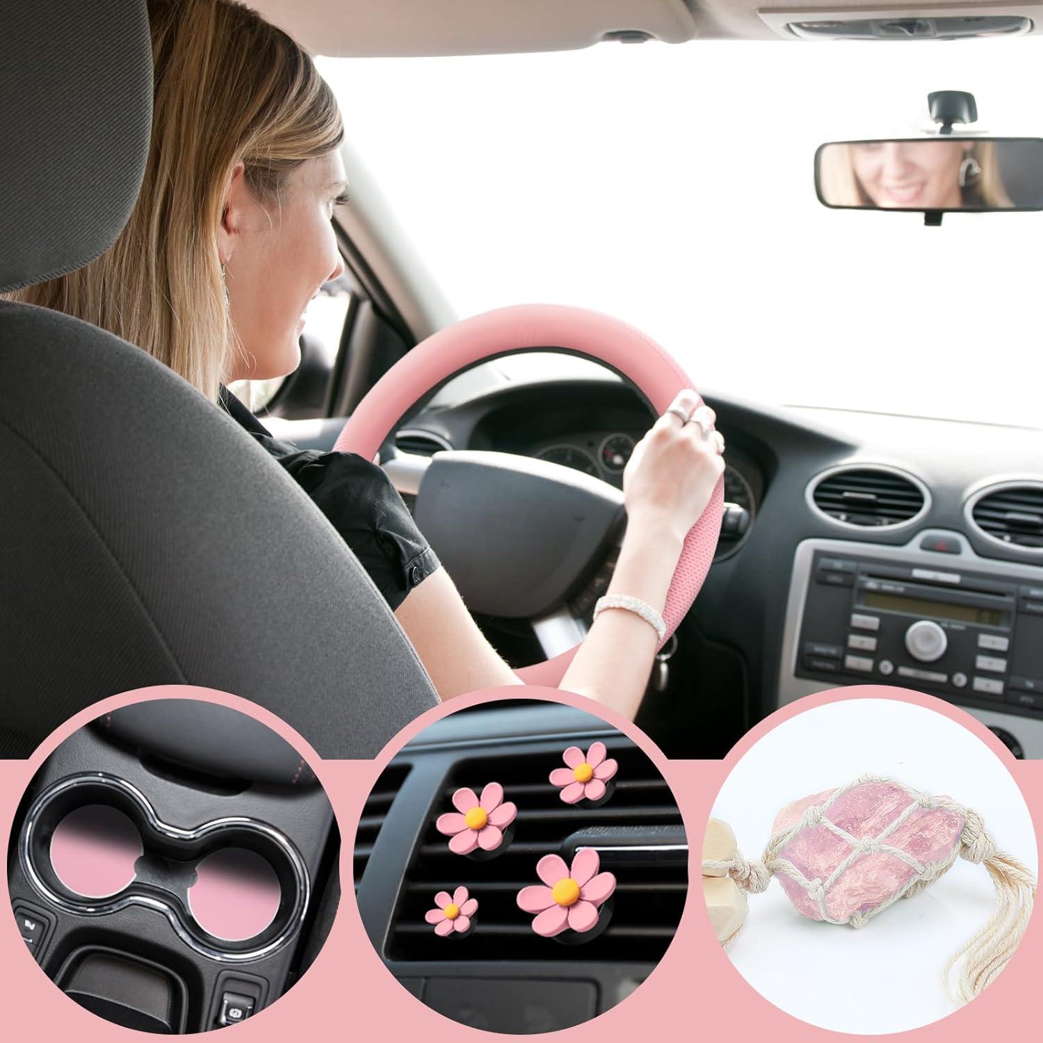 Juego de Accesorios para Auto BBTO Rosa: Funda de Volante, Posavasos y Adorno