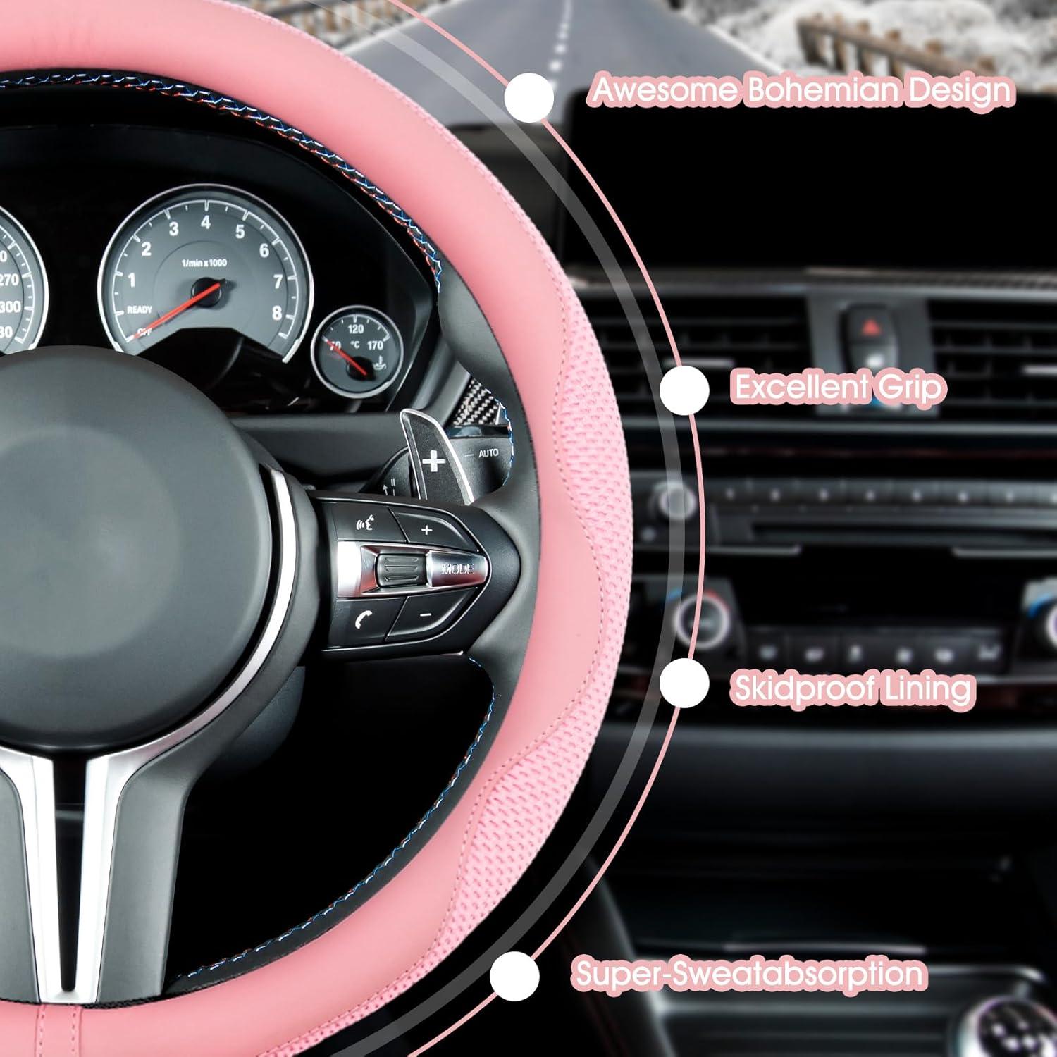 Juego de Accesorios para Auto BBTO Rosa: Funda de Volante, Posavasos y Adorno