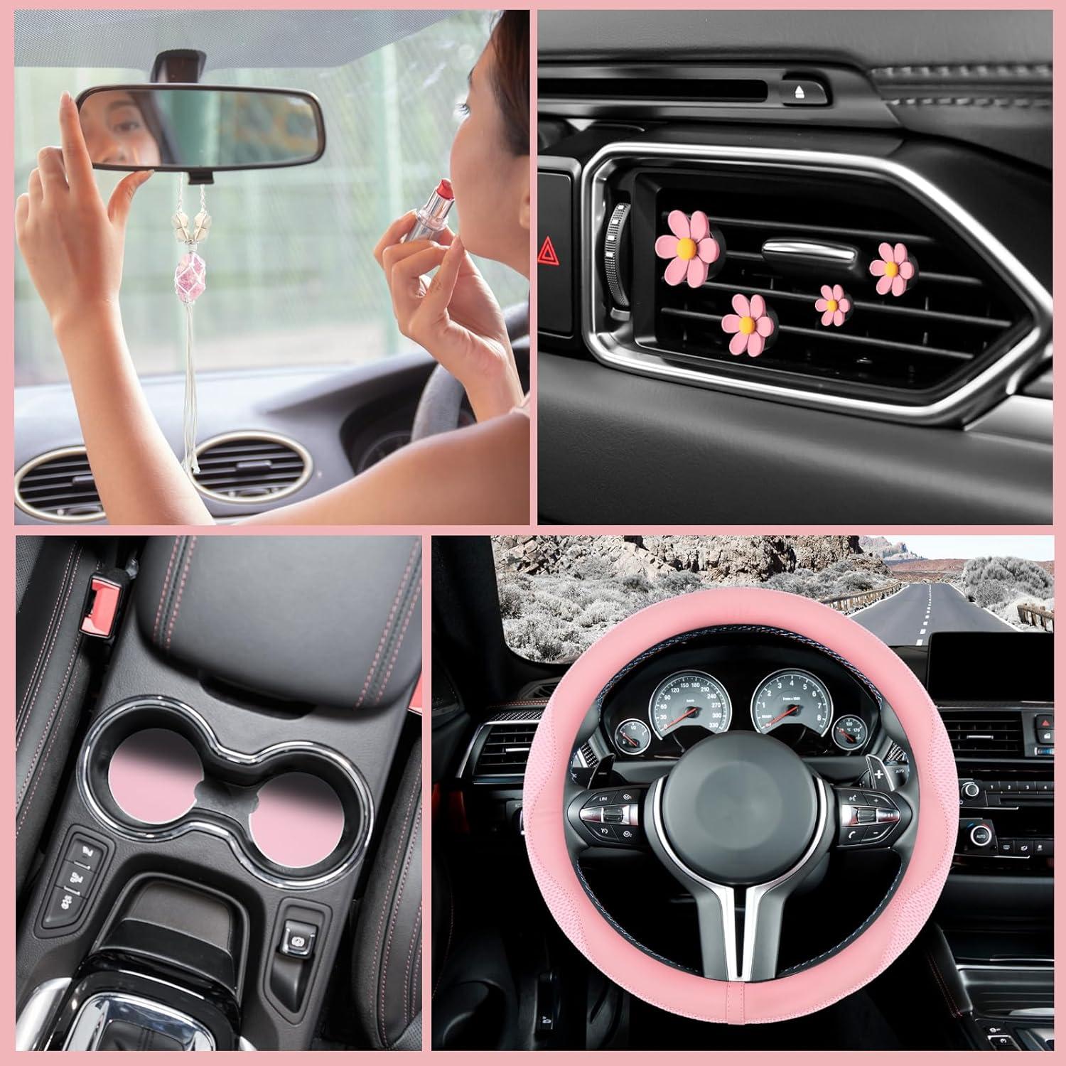 Juego de Accesorios para Auto BBTO Rosa: Funda de Volante, Posavasos y Adorno