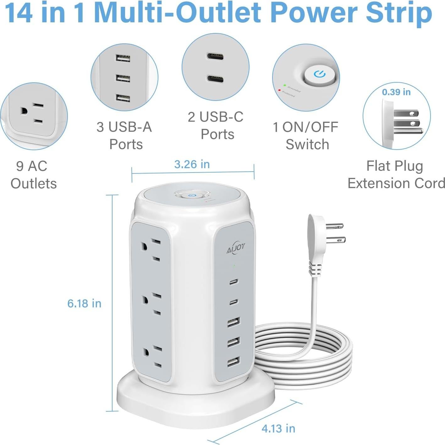 Torre de Regleta AiJoy 9 Salidas y 5 USB (2 USB-C) 1200J