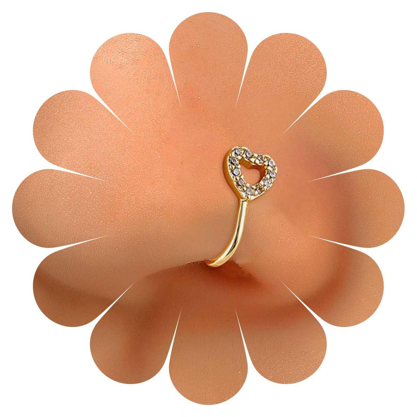 Anillo de Nariz de Corazón Dorado con Cristal para Mujeres