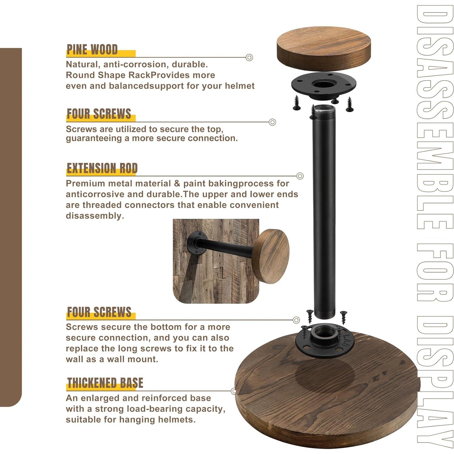 Soporte de Casco Motofans® de Madera Rústica y Metal Negro