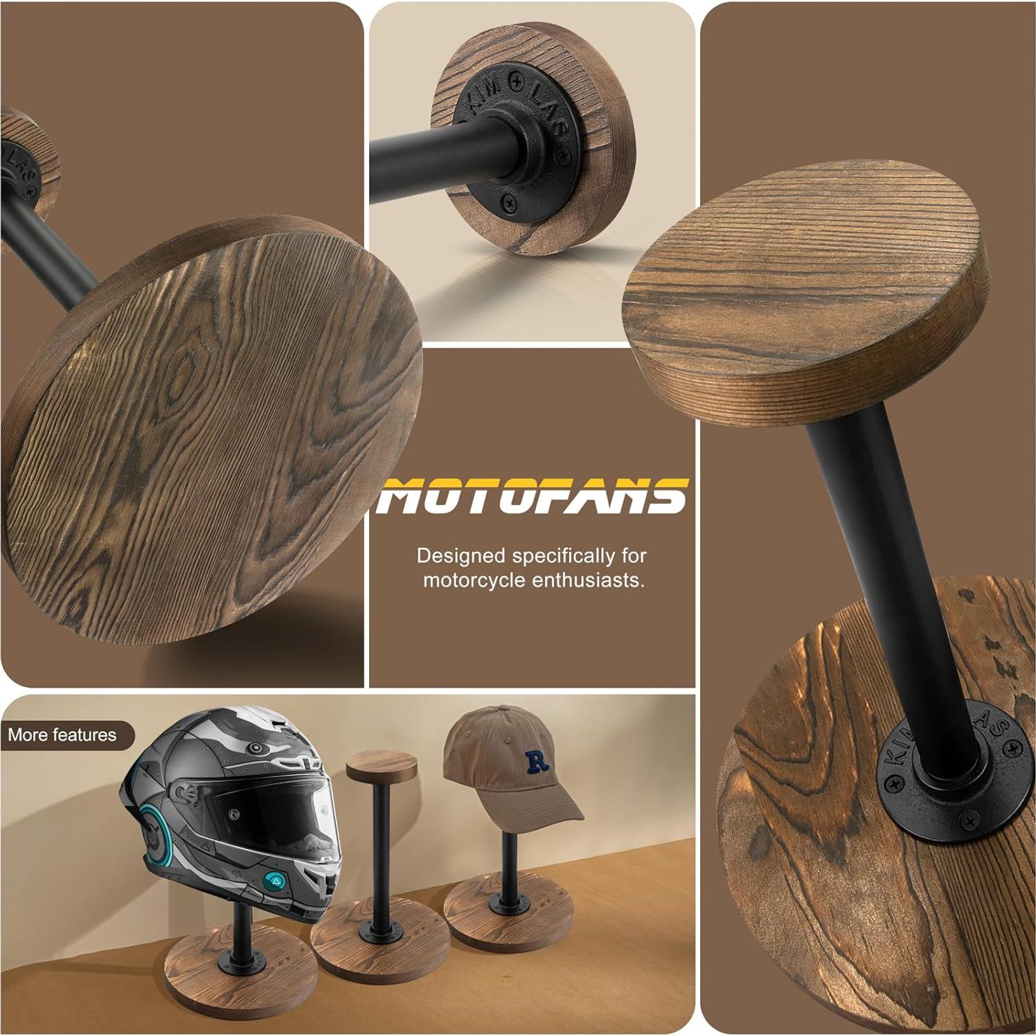 Soporte de Casco Motofans® de Madera Rústica y Metal Negro