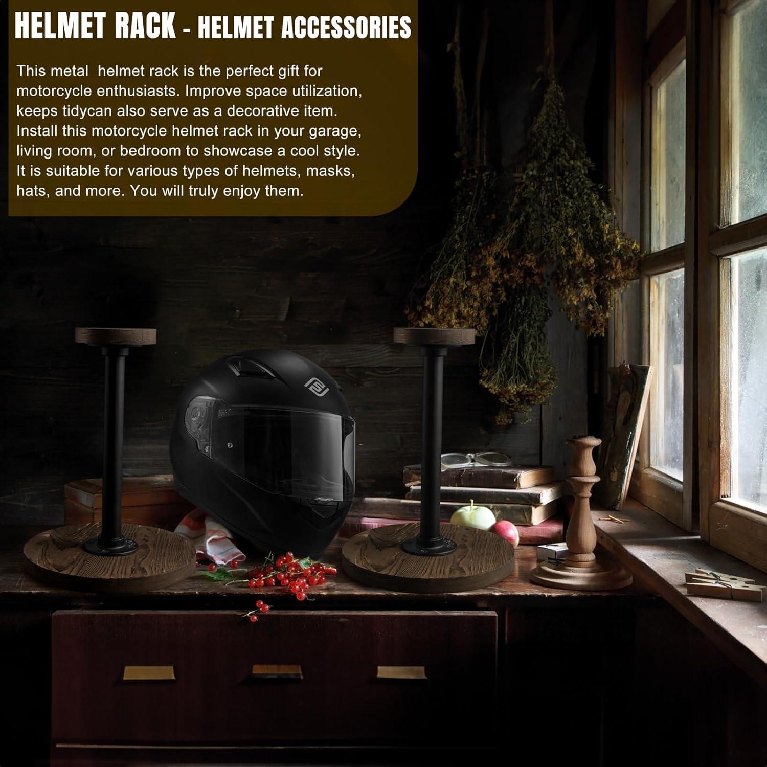 Soporte de Casco Motofans® de Madera Rústica y Metal Negro