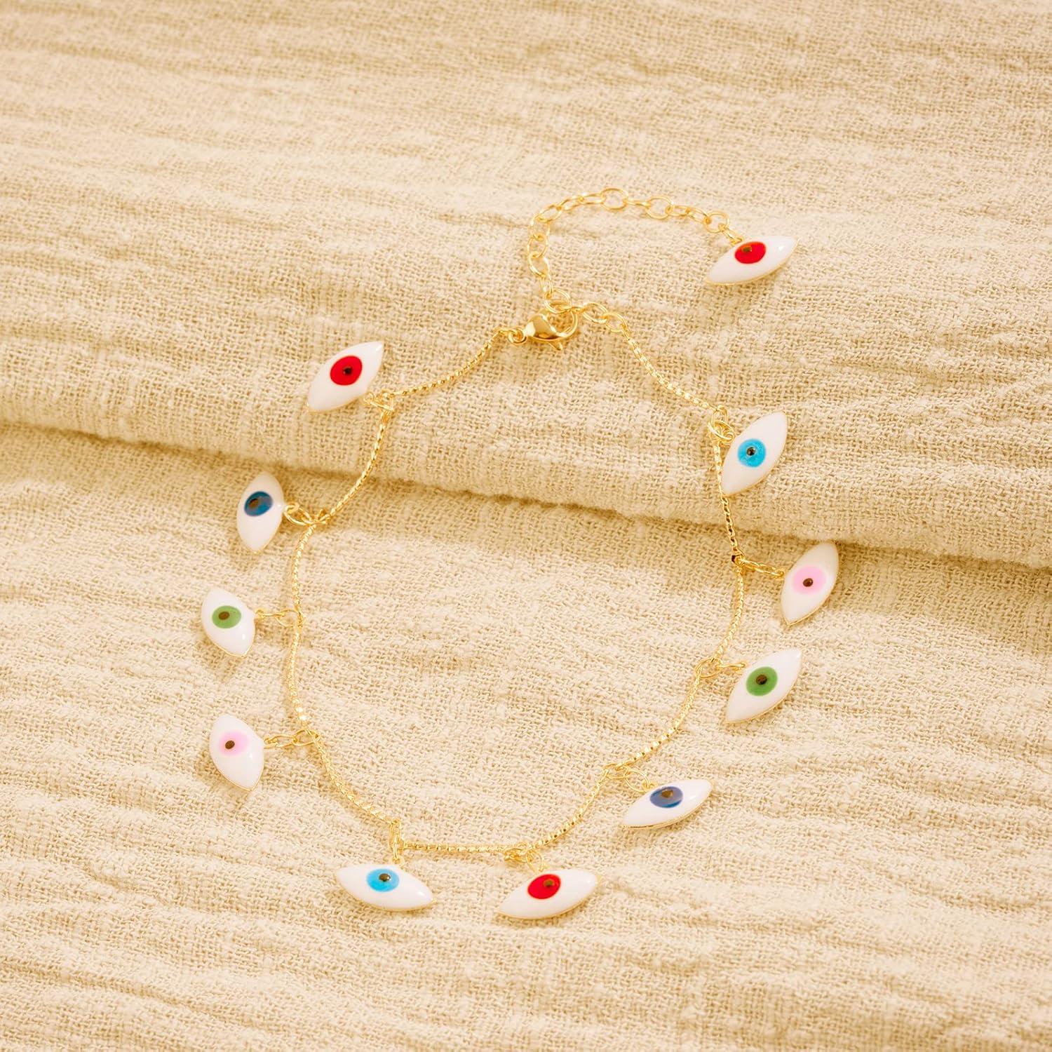 Pulsera de Tobillo Ajustable de Oro 14K GUEMER con Ojos Malvados