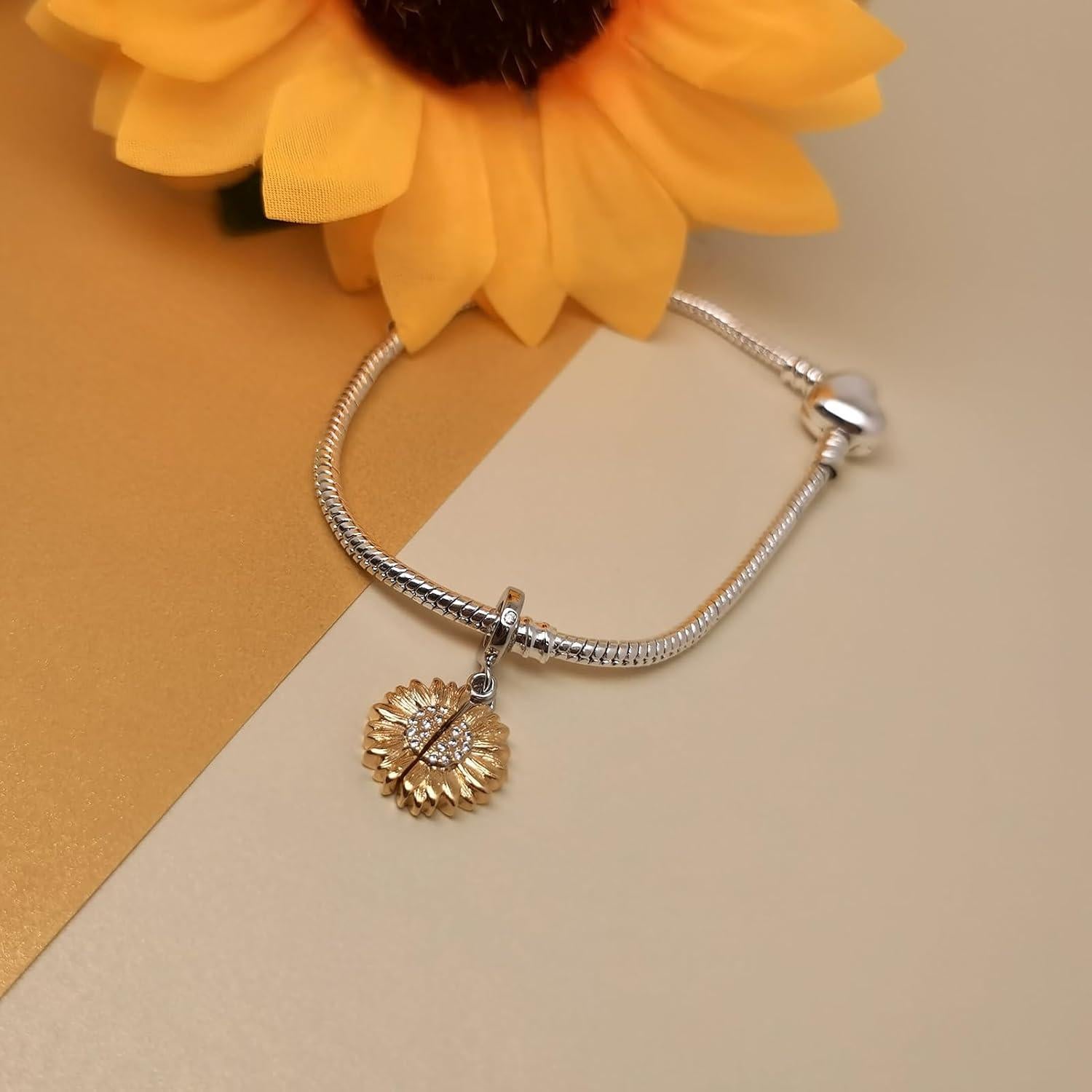 Encanto Girasol Abierto QeenseKc para Pulsera Pandora Oro Rosa