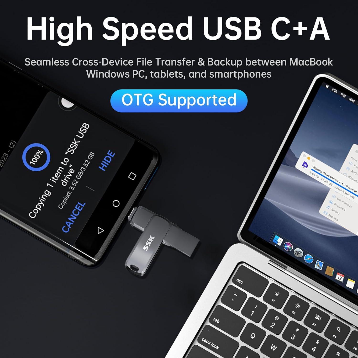 SSK Unidad Flash USB C 64GB Doble Conector 200MB/s