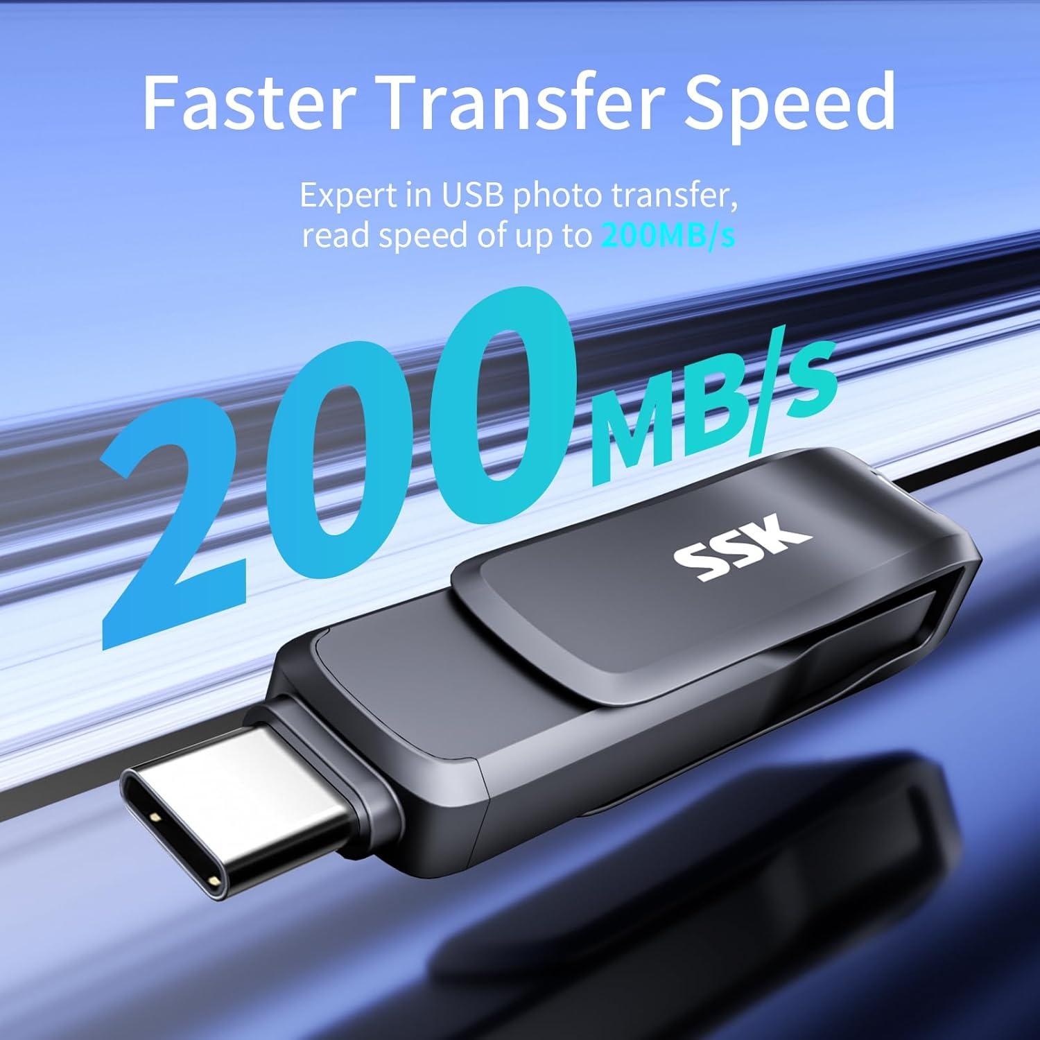 SSK Unidad Flash USB C 64GB Doble Conector 200MB/s