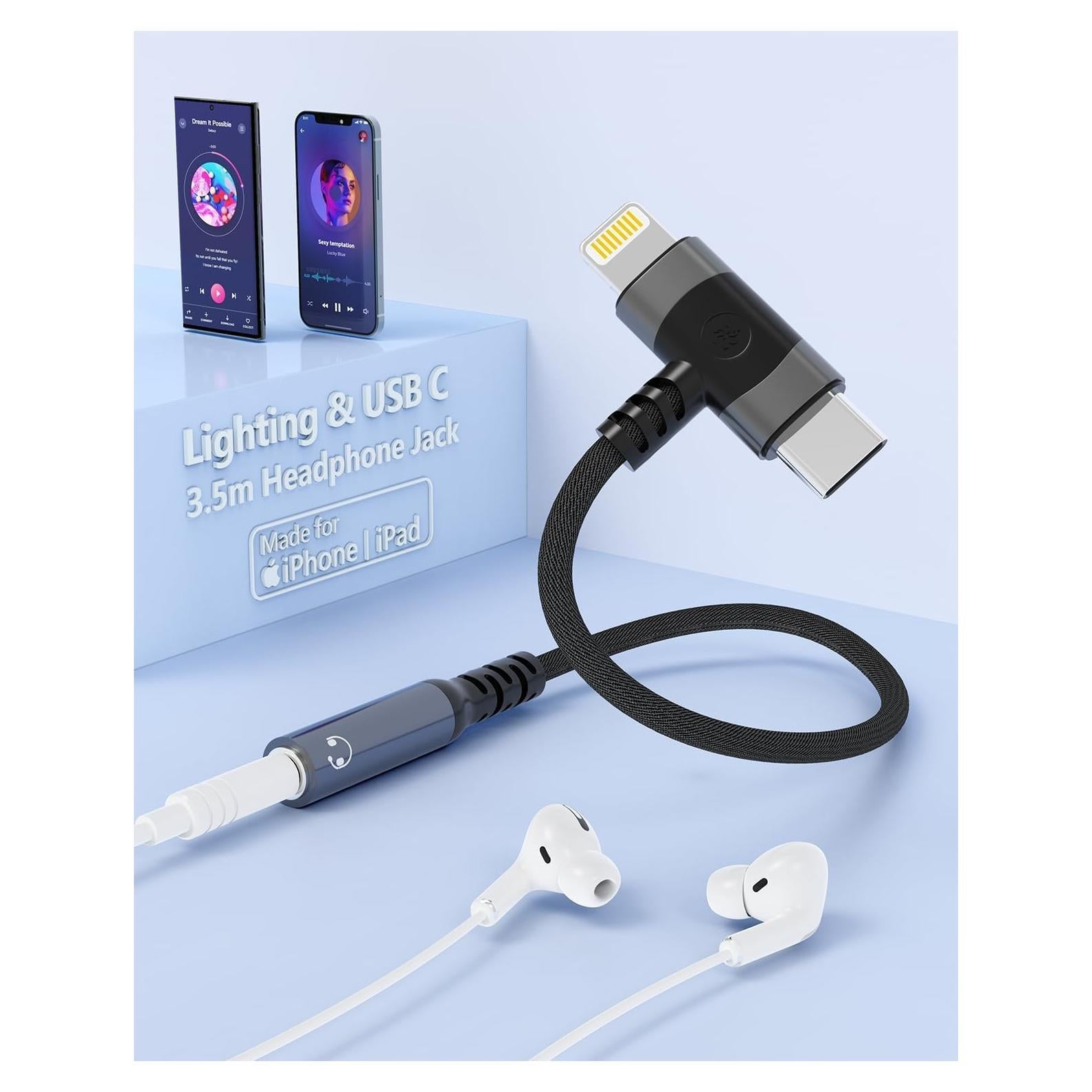 Adaptador de Auriculares 3.5mm Lightning y USB-C MFi Negro
