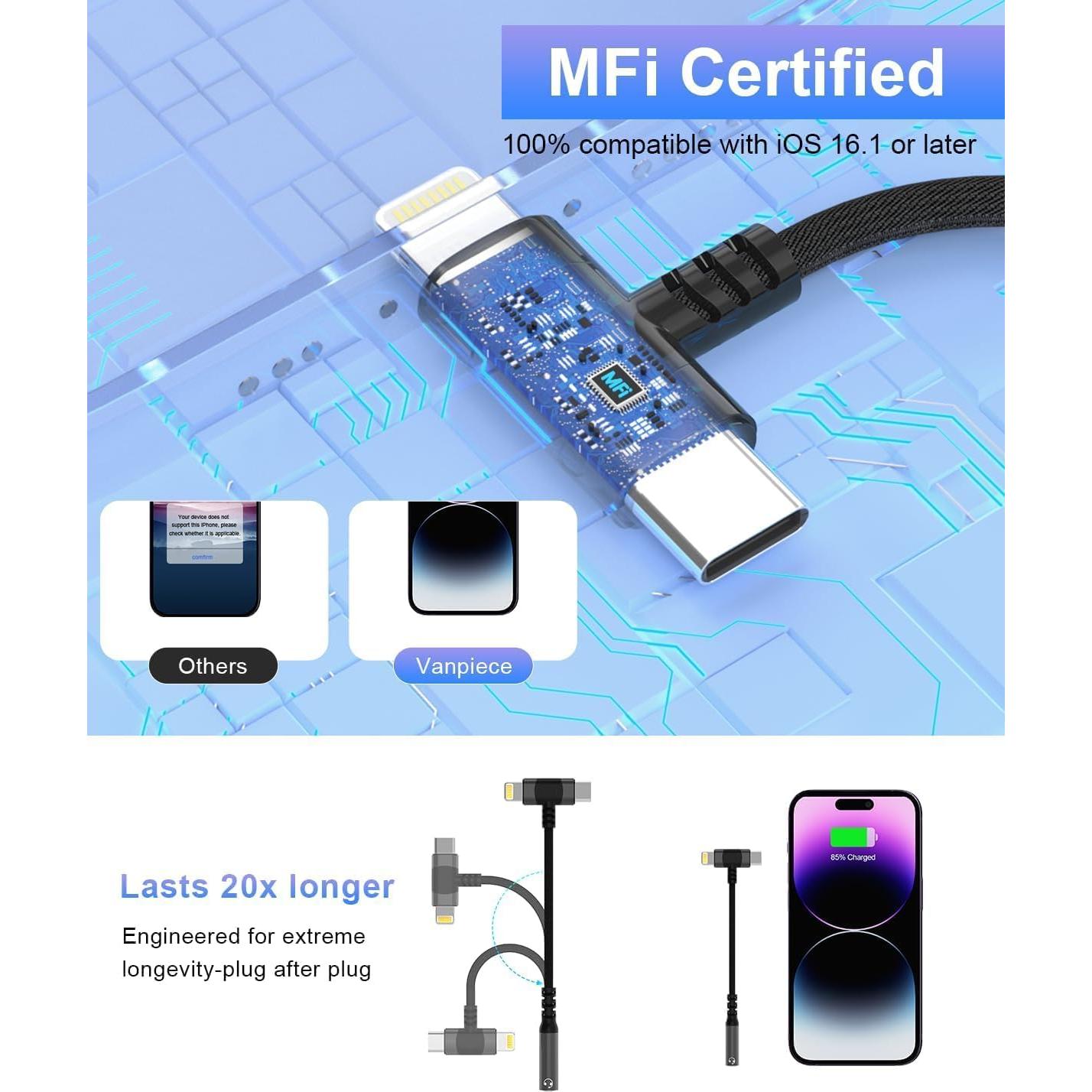 Adaptador de Auriculares 3.5mm Lightning y USB-C MFi Negro