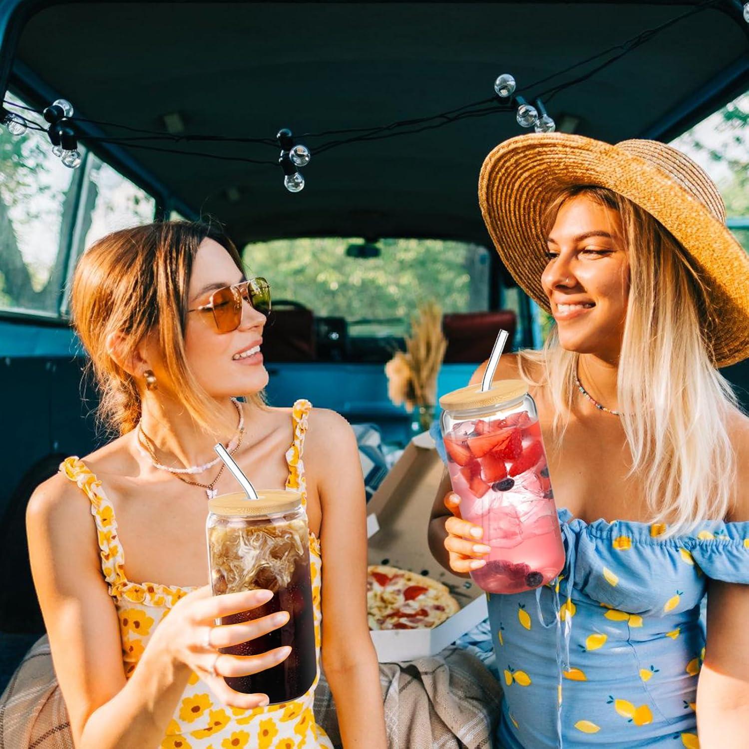 Juego de Tazas de Vidrio 20 oz con Tapa y Popote DAMCONME