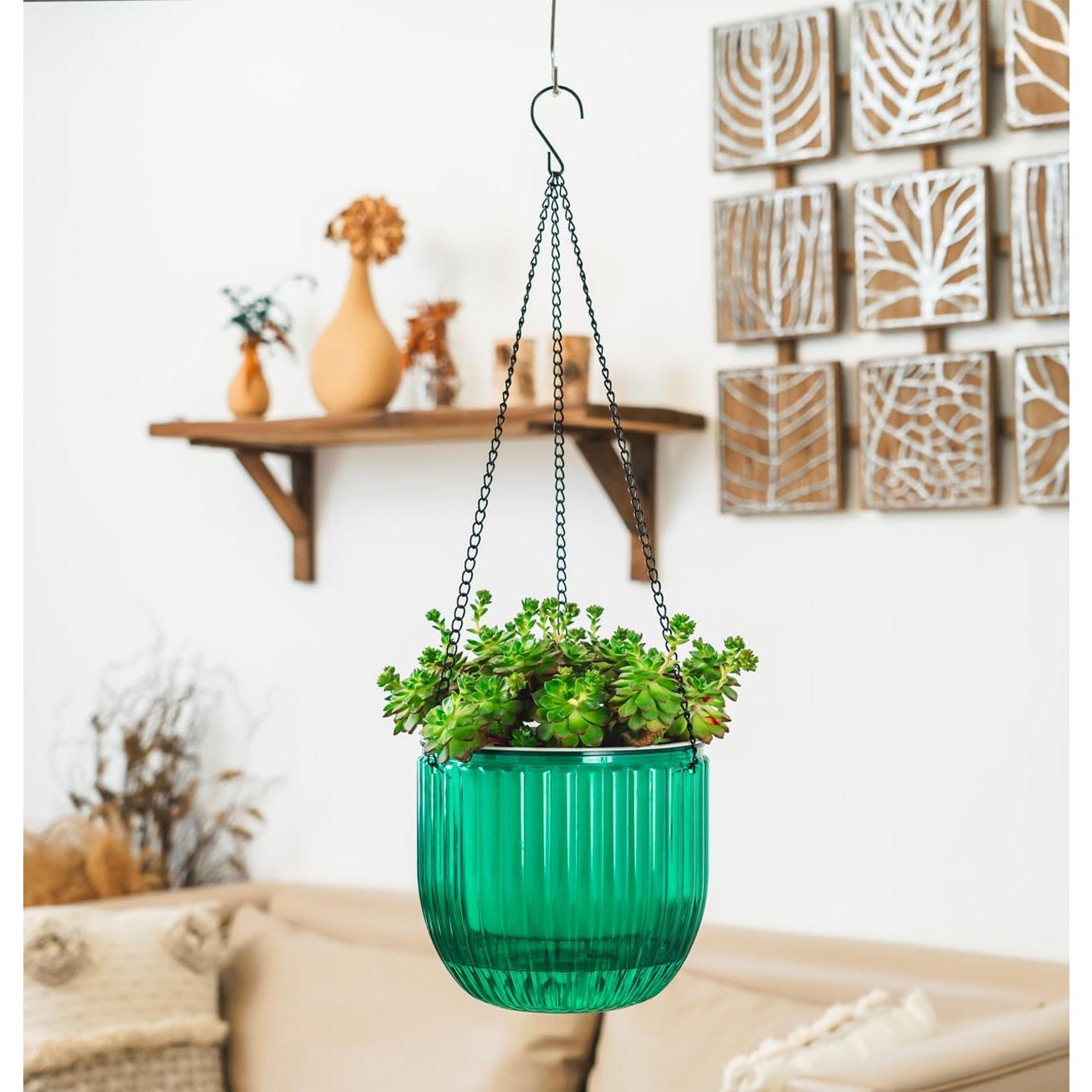 Maceta colgante autorriego Melphoe 21 cm esmeralda con colgadores
