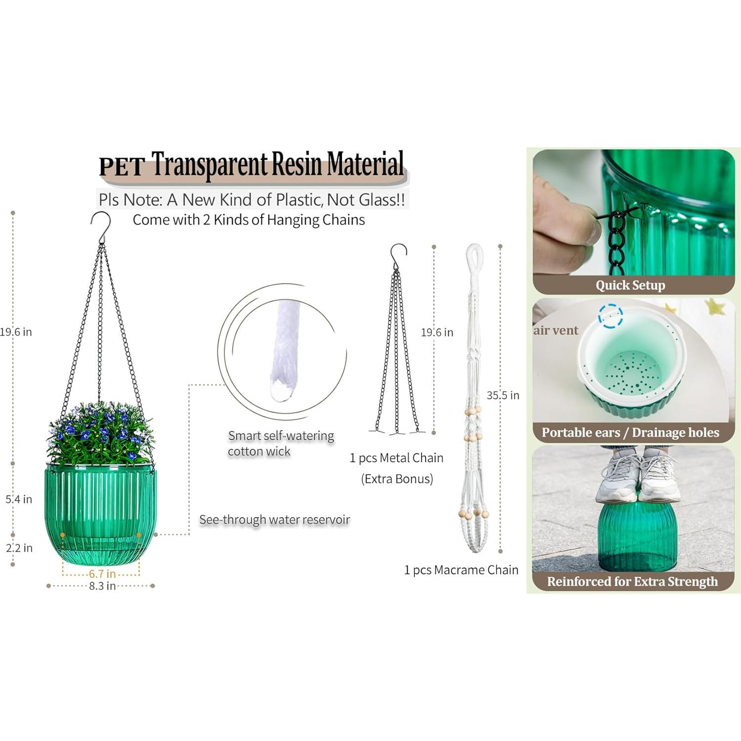 Maceta colgante autorriego Melphoe 21 cm esmeralda con colgadores