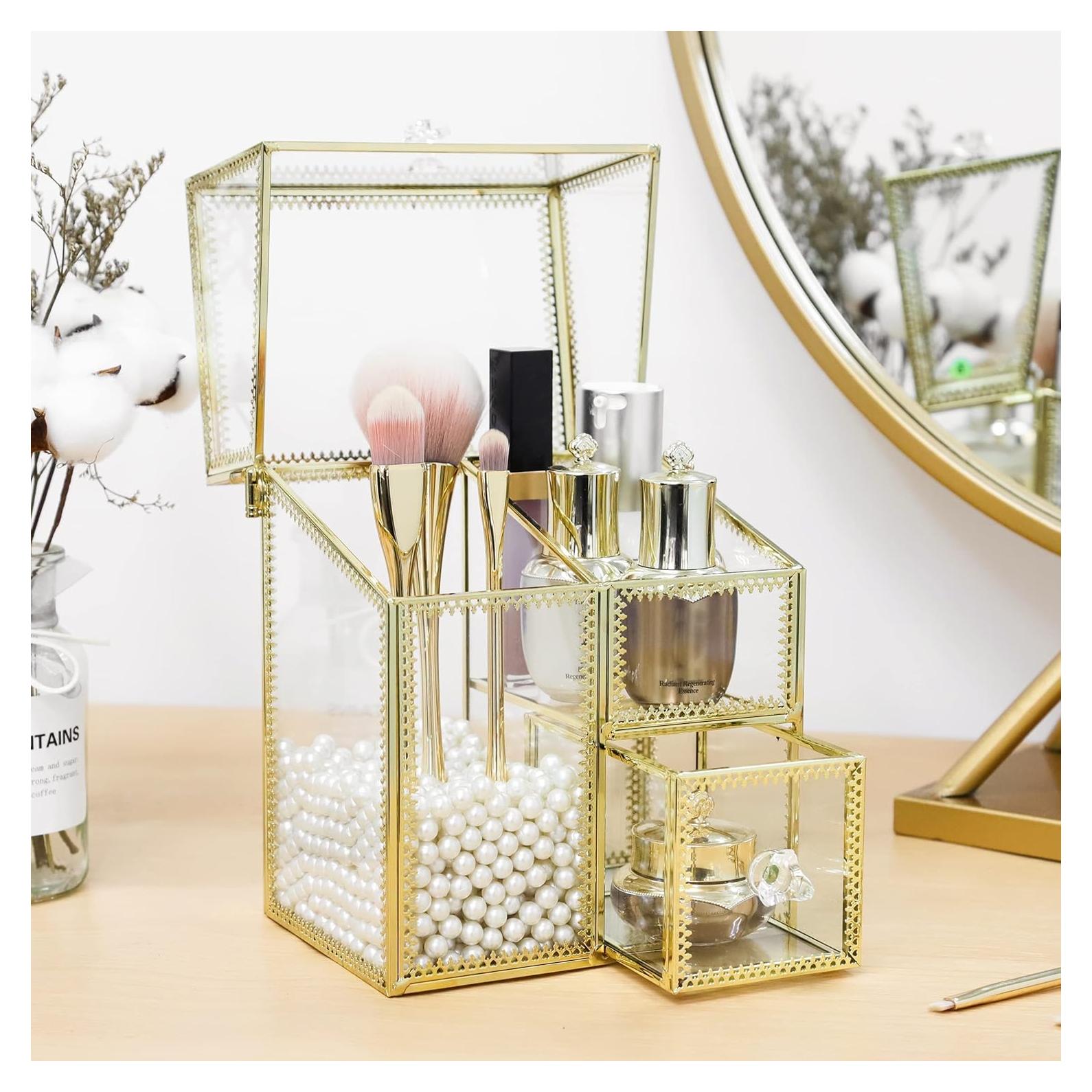 Organizador de Maquillaje Vintage Dorado con Cajón y Tapa 15.5x11x20 cm