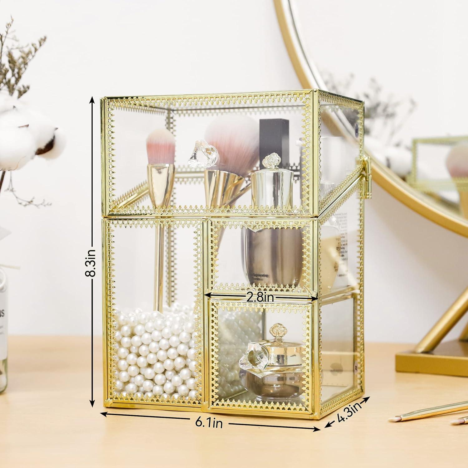 Organizador de Maquillaje Vintage Dorado con Cajón y Tapa 15.5x11x20 cm