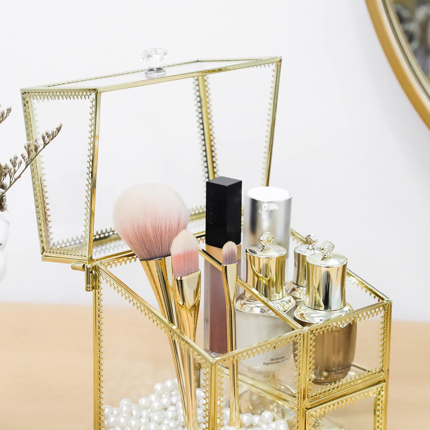 Organizador de Maquillaje Vintage Dorado con Cajón y Tapa 15.5x11x20 cm