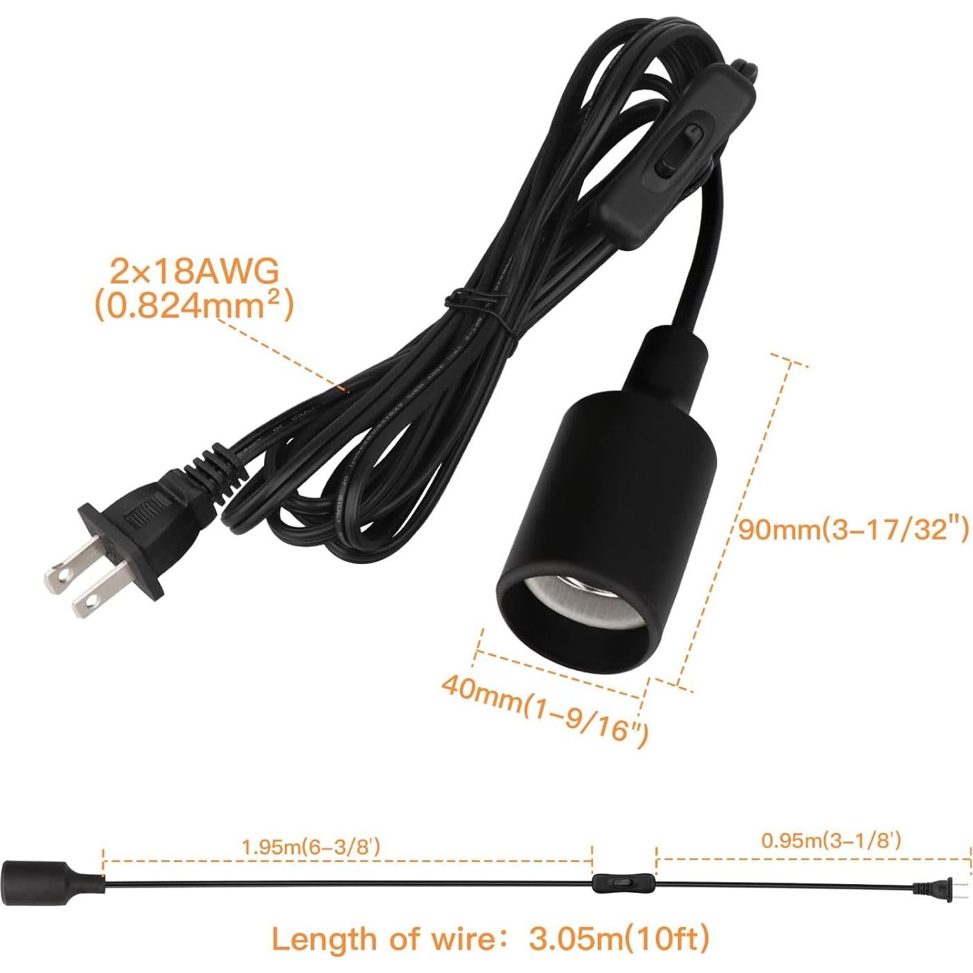 Juego de 2 Cables de Luz Colgante Zevnico 3m E26 con Interruptor
