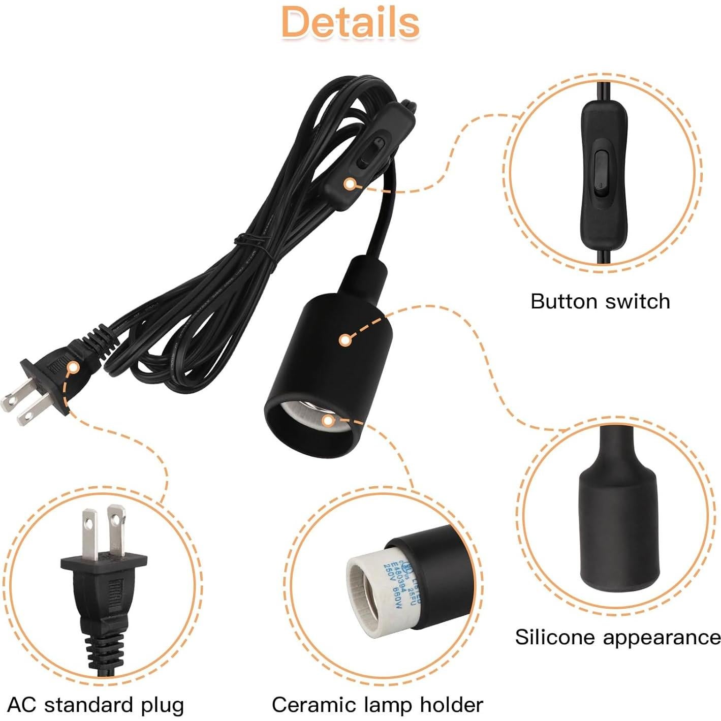 Juego de 2 Cables de Luz Colgante Zevnico 3m E26 con Interruptor