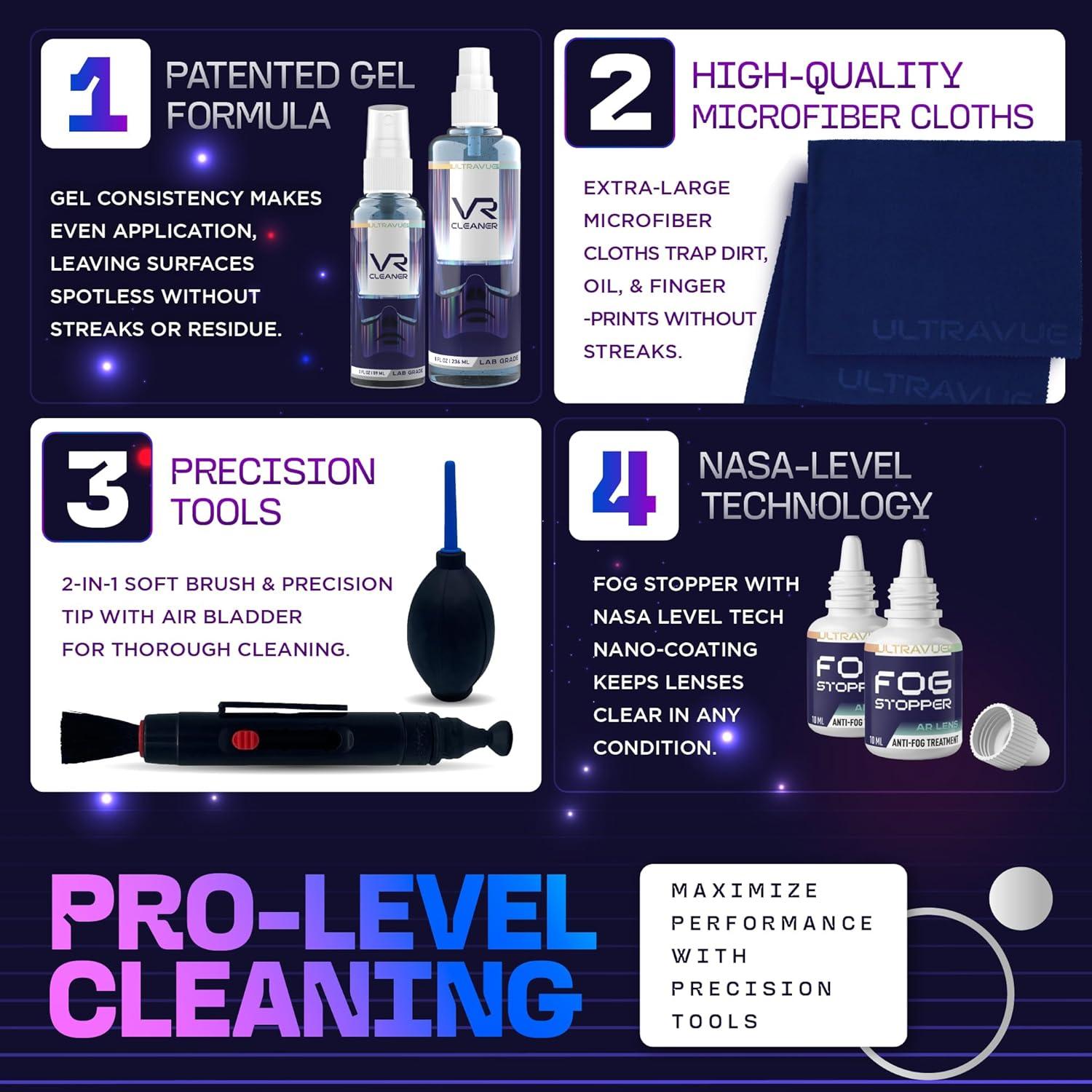 Kit de limpieza UltraVue VR - Gel limpiador, paños y antiempañante
