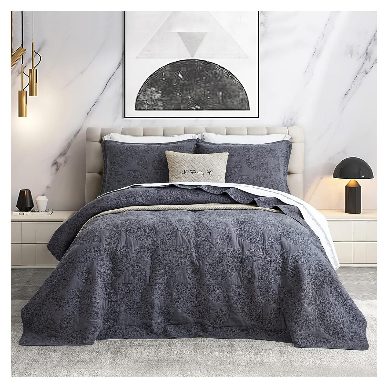 Edredón CHIXIN Algodón Botánico Queen Gris Oscuro 3 Piezas