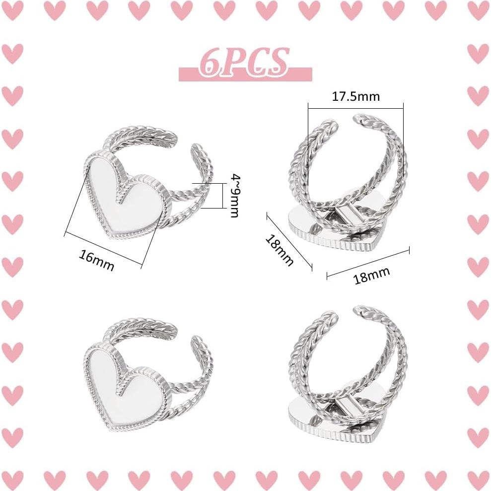 6 Pcs Anillos Corazón Ajustables UNICRAFTALE Acero Inoxidable
