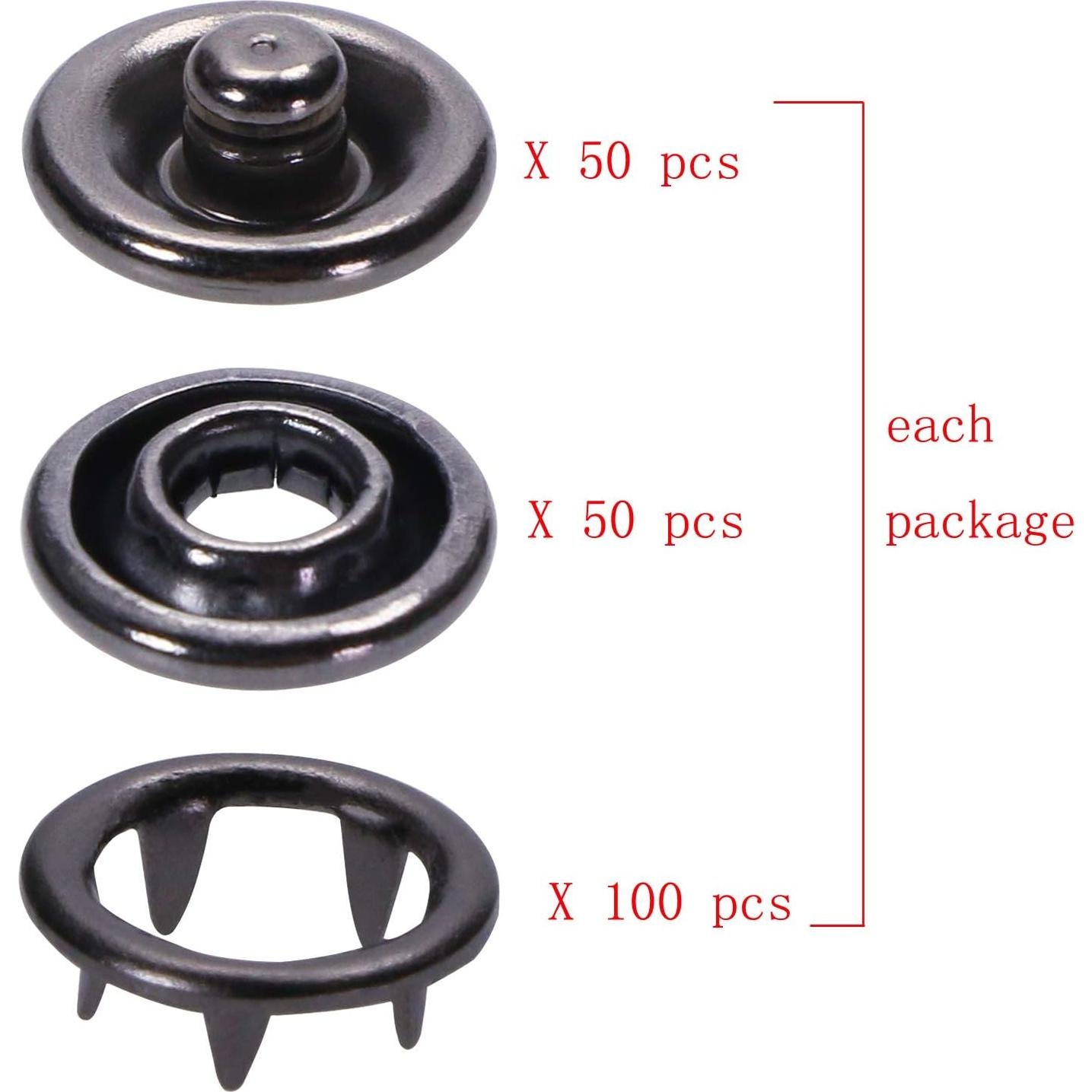 Kit de Botones a Presión Metal ONLYKXY 200 Piezas 9.5mm Negro