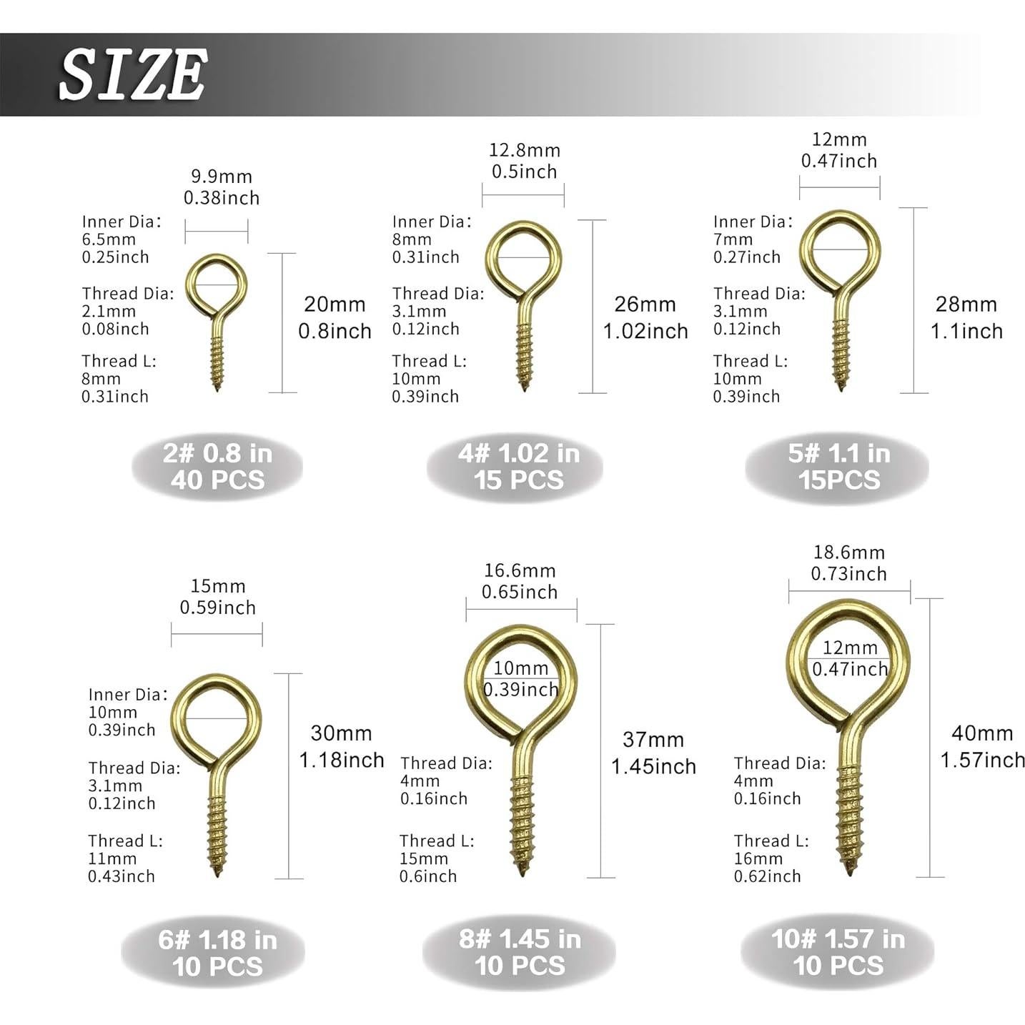 Kit de Ojos de Tornillo Dorados ECKJ 100 Piezas 6 Tamaños