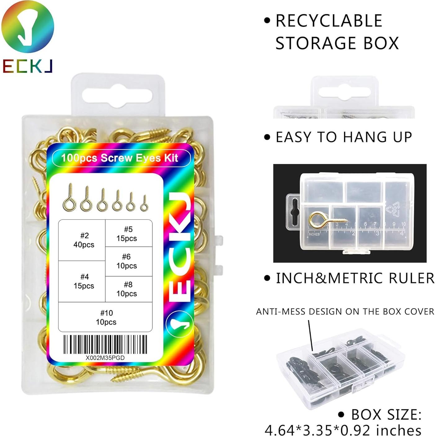 Kit de Ojos de Tornillo Dorados ECKJ 100 Piezas 6 Tamaños