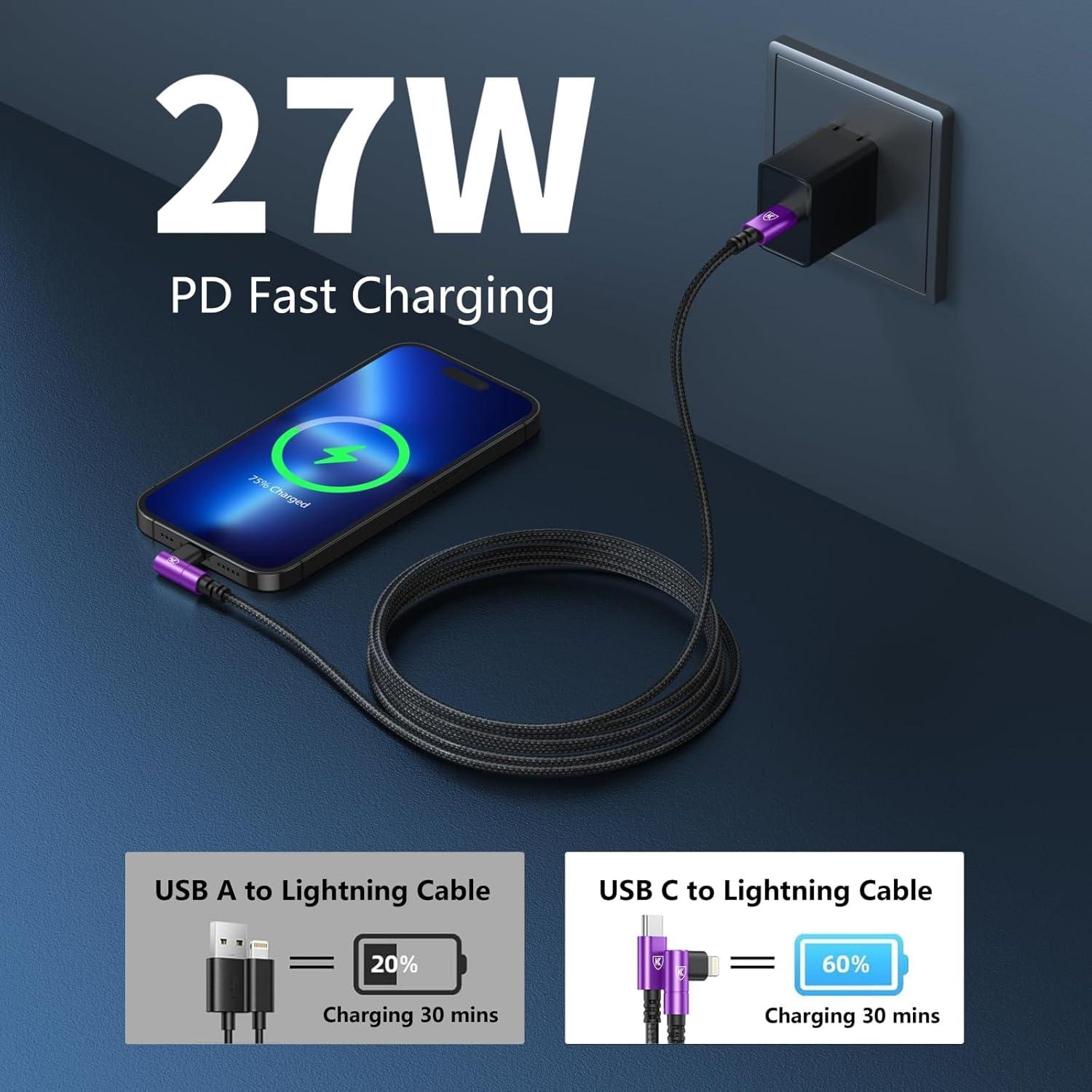 Cable de carga USB C a Lightning 10 pies MFi KIYODA Púrpura