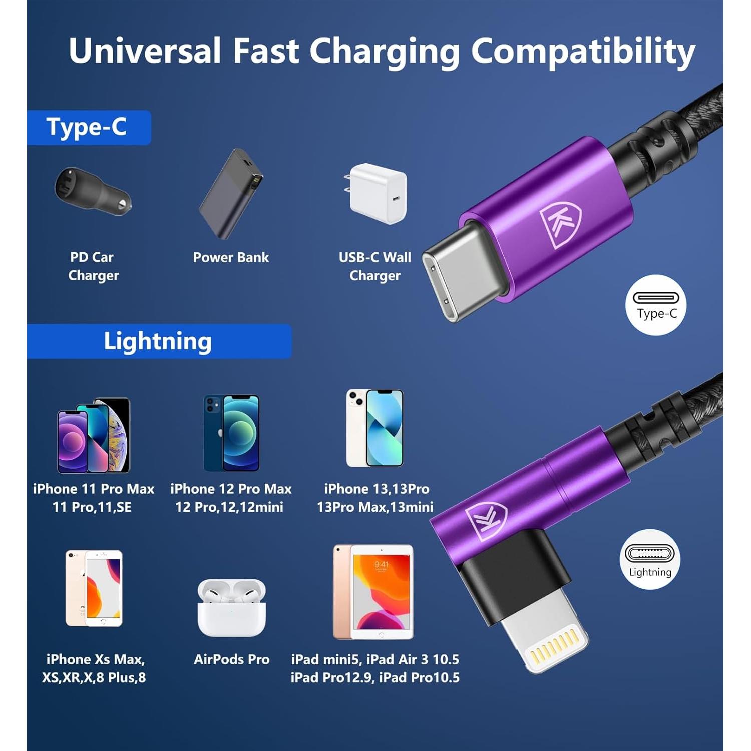 Cable de carga USB C a Lightning 10 pies MFi KIYODA Púrpura
