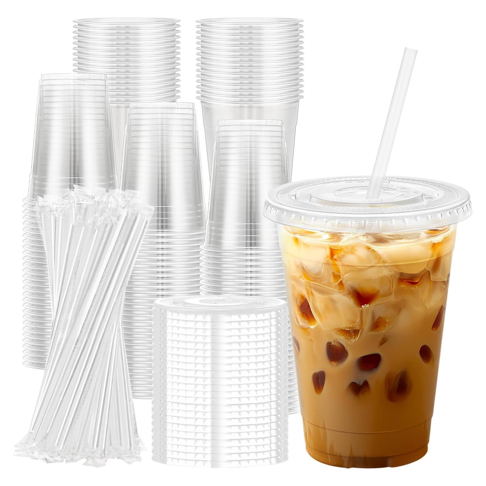 Lamosi 100 Vasos de Plástico Claro 480 ml con Tapas y Pajitas