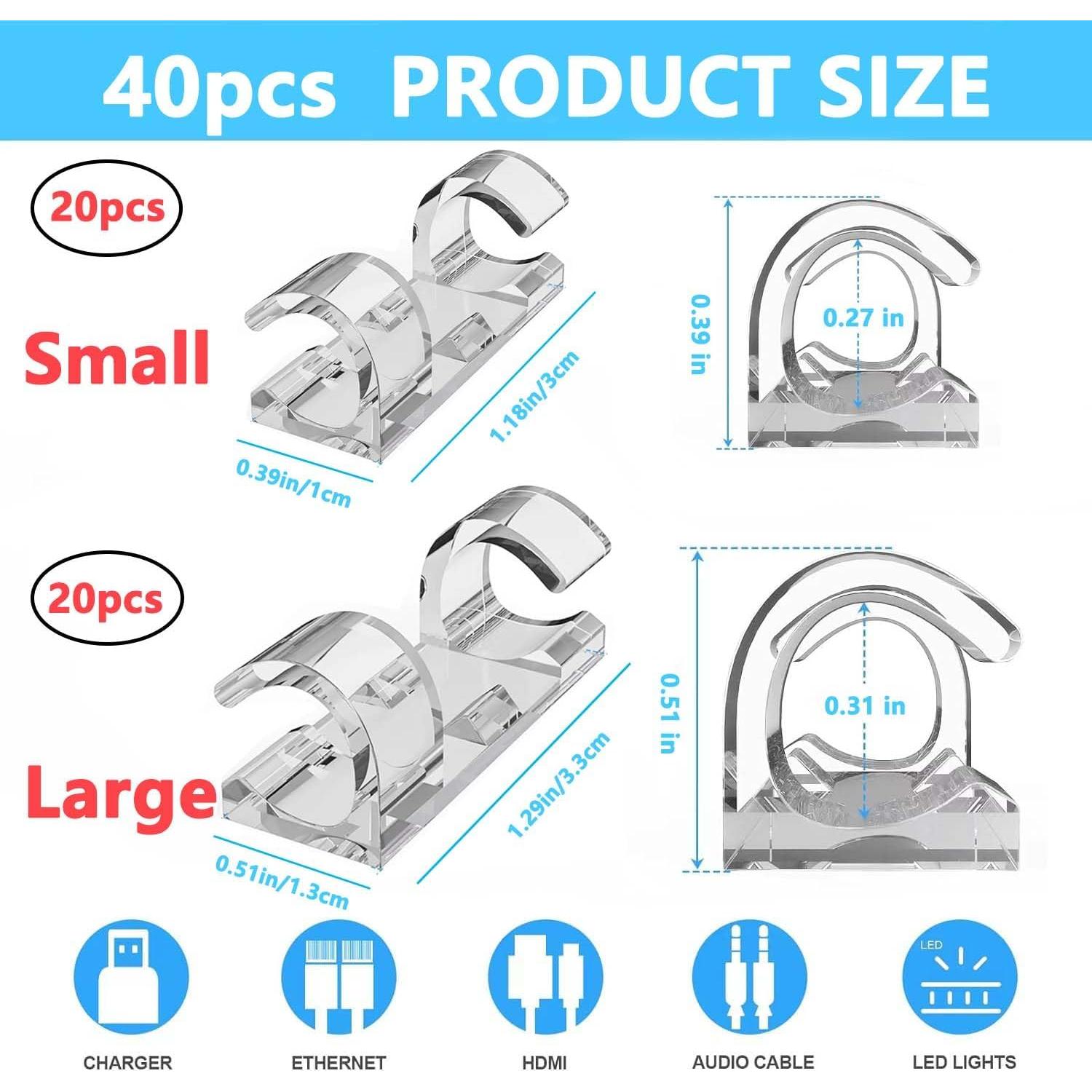40 Clips de Cable Adhesivos JinRui-T, 20 Pequeños y 20 Grandes