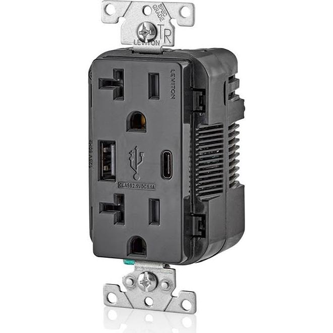 Cargador de Pared Leviton T5833-E USB Tipo A y C 20A Negro