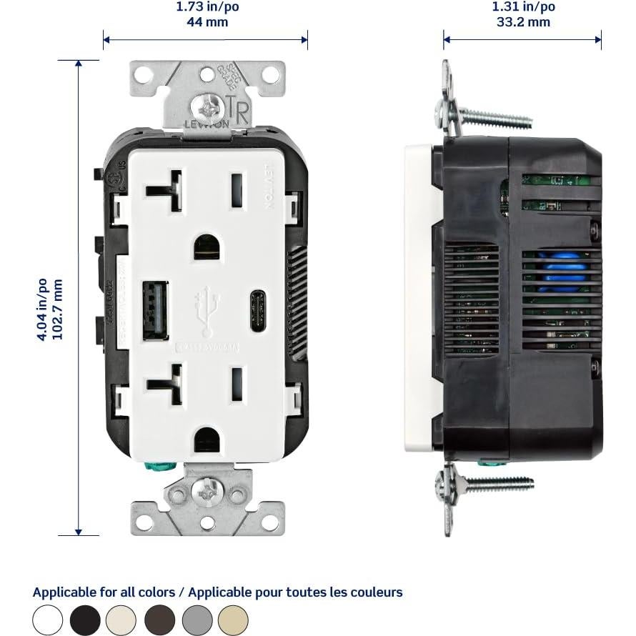 Cargador de Pared Leviton T5833-E USB Tipo A y C 20A Negro