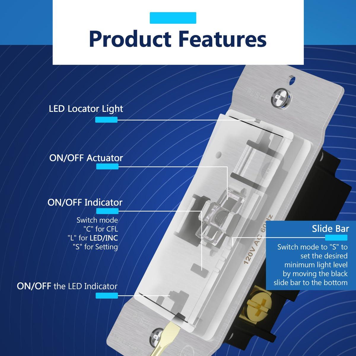 Interruptor Atenuador LIDER 300W 2 Paquetes Blanco Dimmable