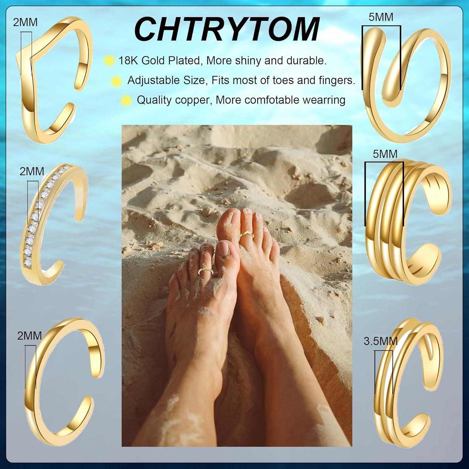 Juego de 6 Anillos para Dedos de los Pies CHTRYTOM Oro 18K Ajustables
