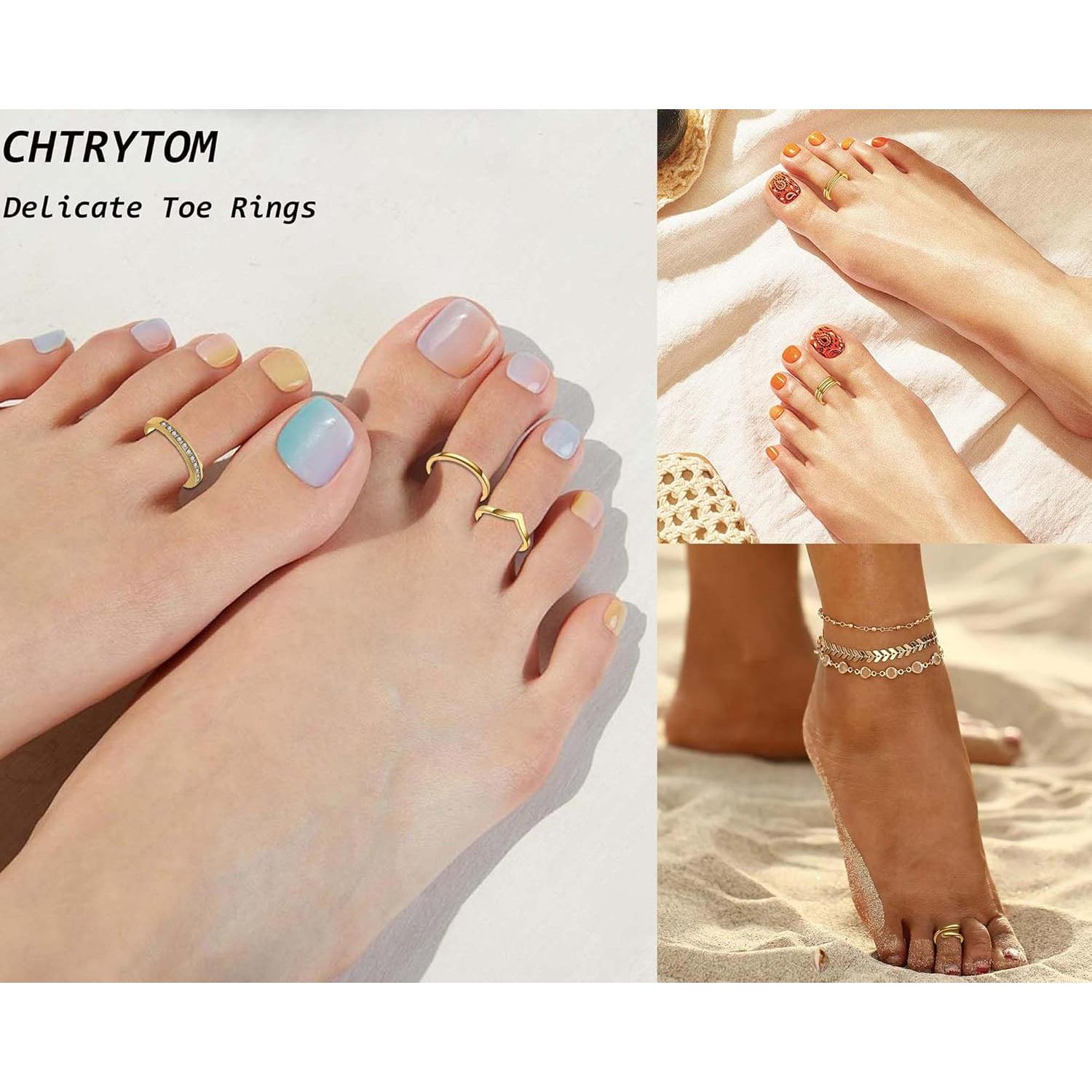Juego de 6 Anillos para Dedos de los Pies CHTRYTOM Oro 18K Ajustables