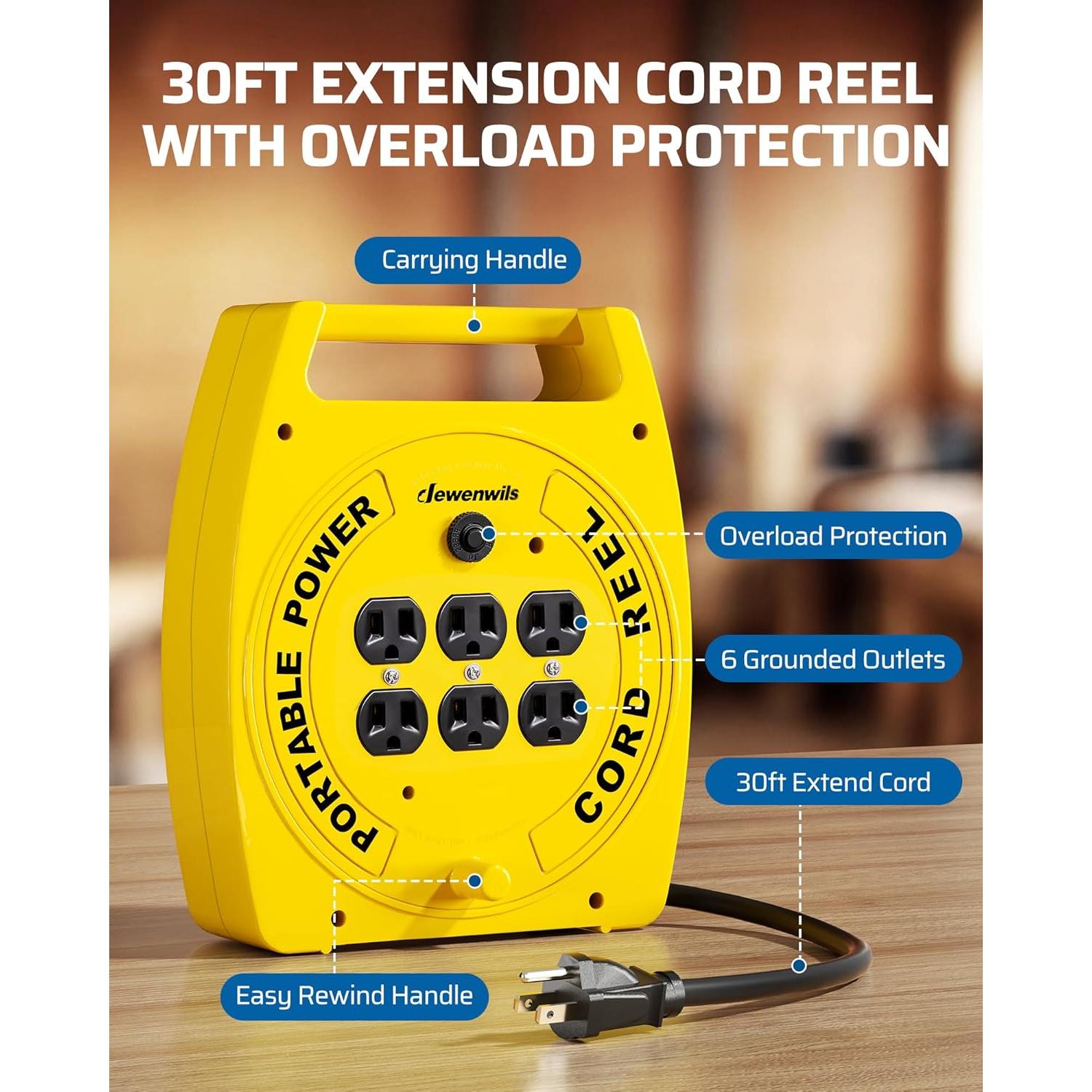 Carrete de Cable de Extensión DEWENWILS 9.14M 6 Salidas Amarillo