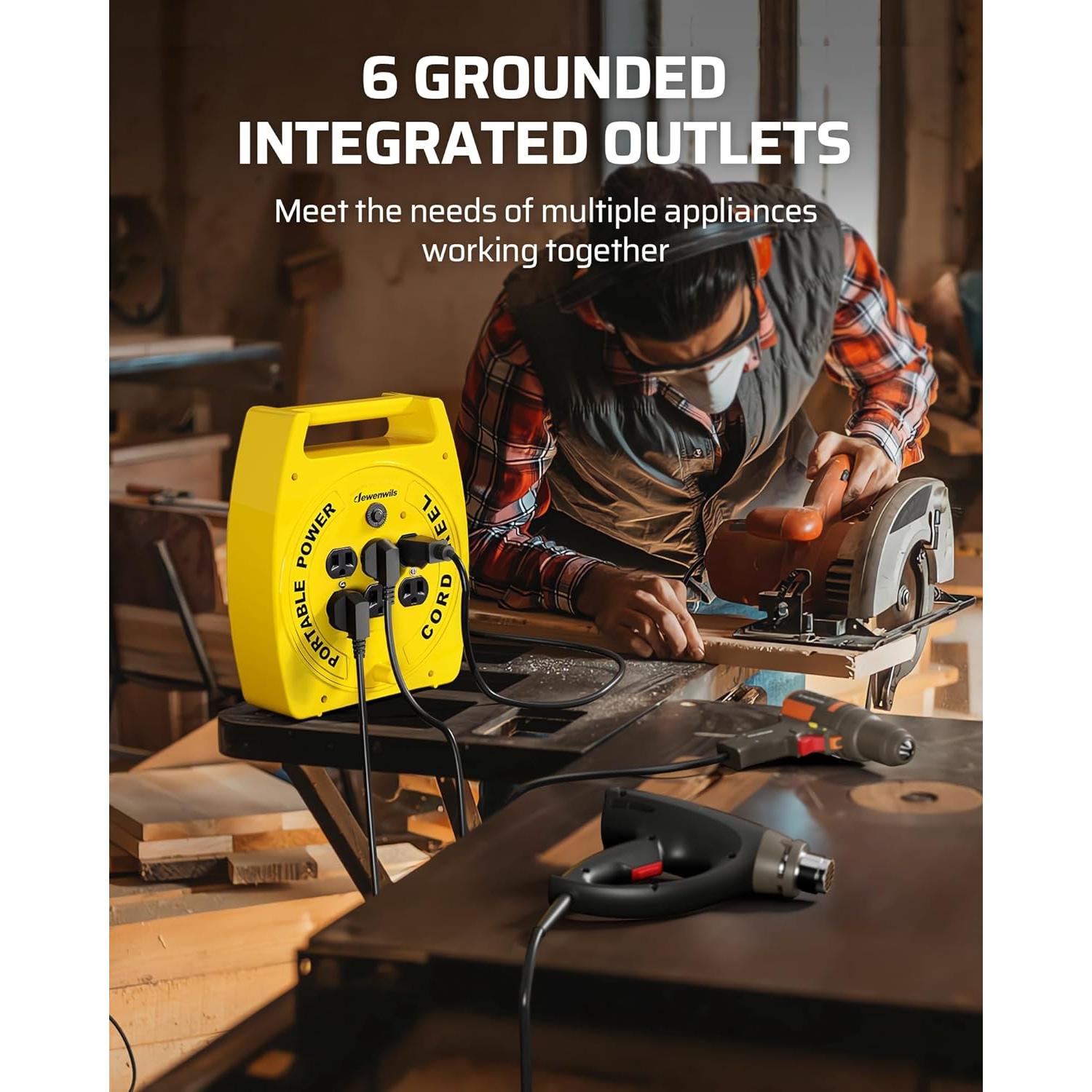 Carrete de Cable de Extensión DEWENWILS 9.14M 6 Salidas Amarillo