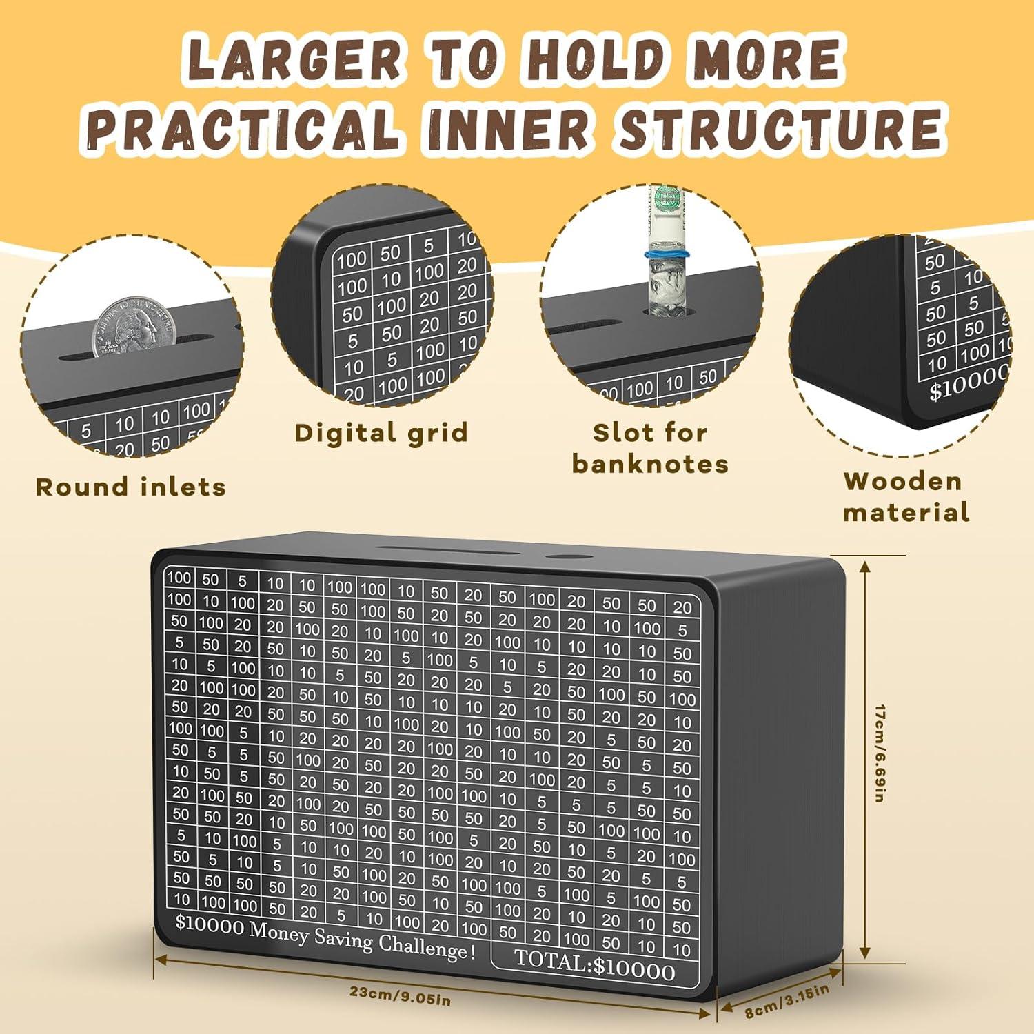 Caja de Ahorro de Dinero de Madera Gomyrod - Negra, 23x17x8 cm