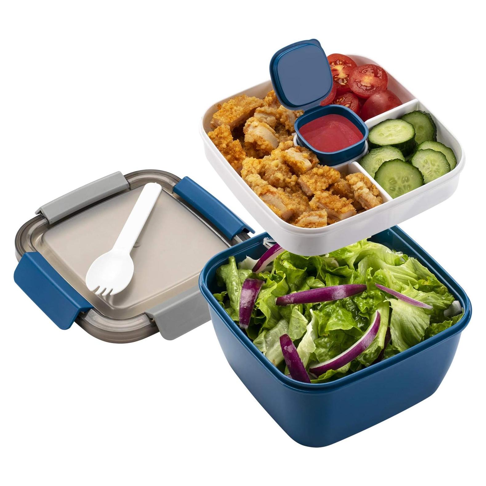 Contenedor de Ensalada Freshmage 1.5L con 3 Compartimentos Azul
