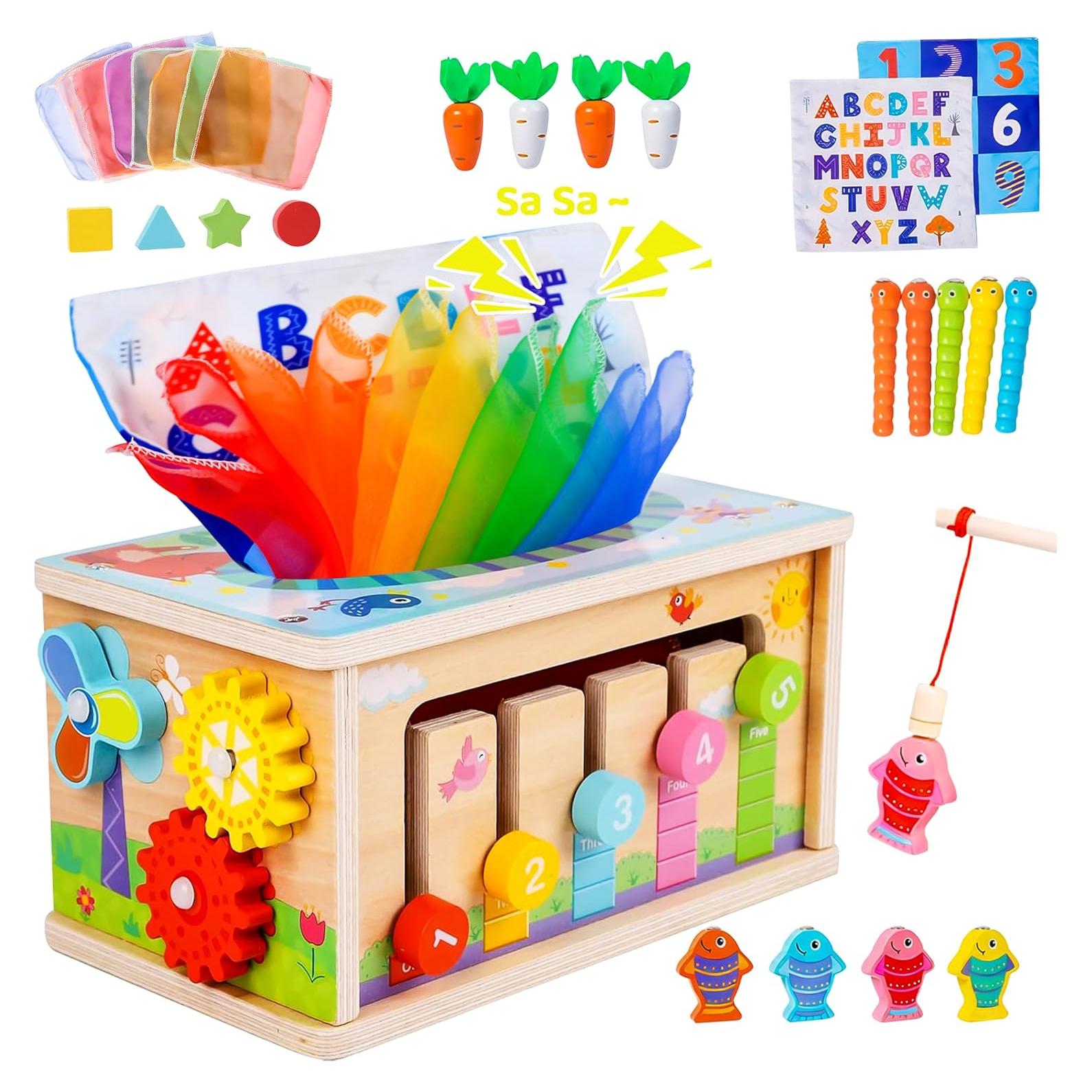 Juguete de caja de pañuelos de madera Mummed 6 en 1 para bebés