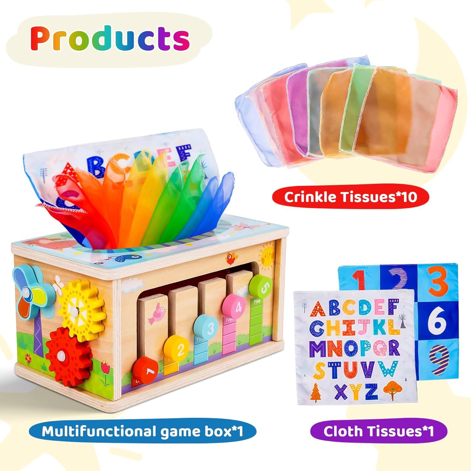 Juguete de caja de pañuelos de madera Mummed 6 en 1 para bebés