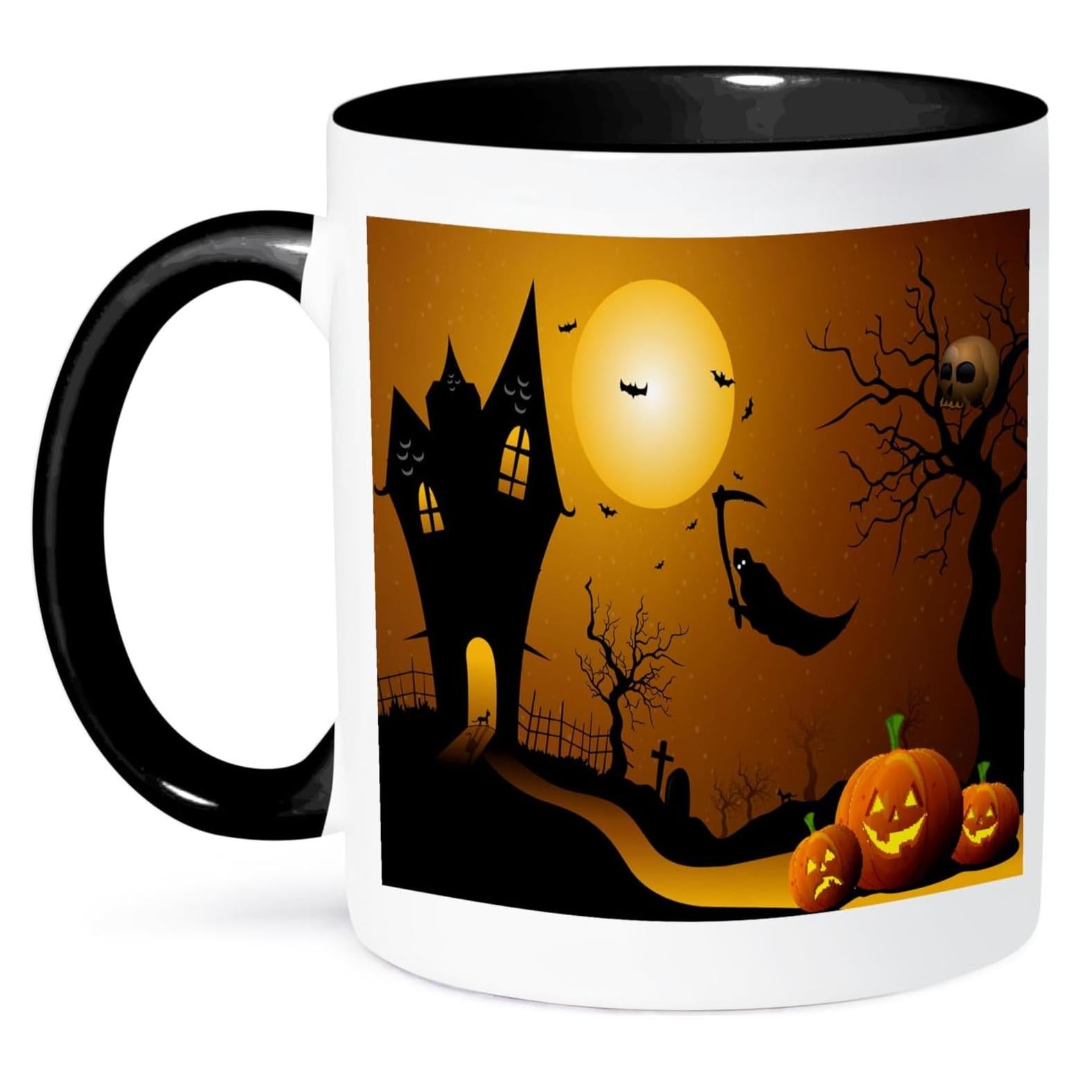 3dRose Halloween House With Pumpkins, Skulls, and Bats and The Grim Reaper Mug, 11 oz, Black
