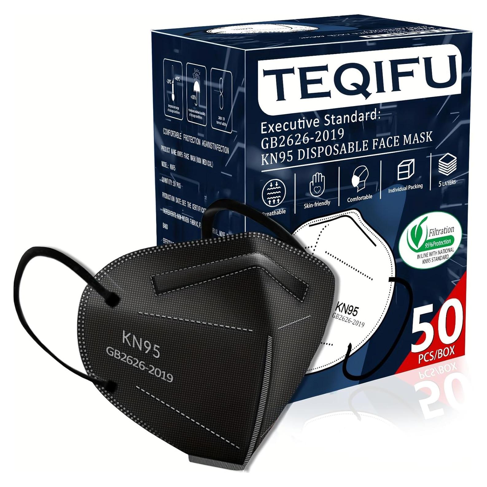 50 Mascarillas KN95 5 Capas Filtración >95% Color Negro
