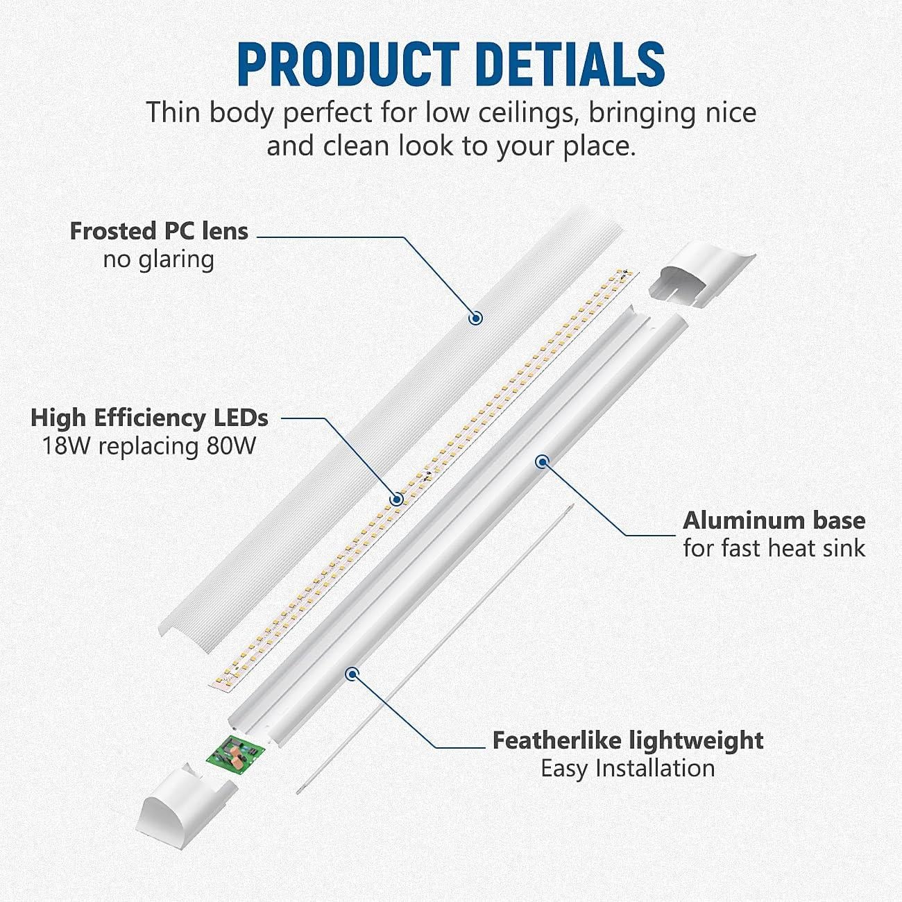 DAKASON Luz de Techo LED 2FT 18W 2160lm Temperatura Ajustable